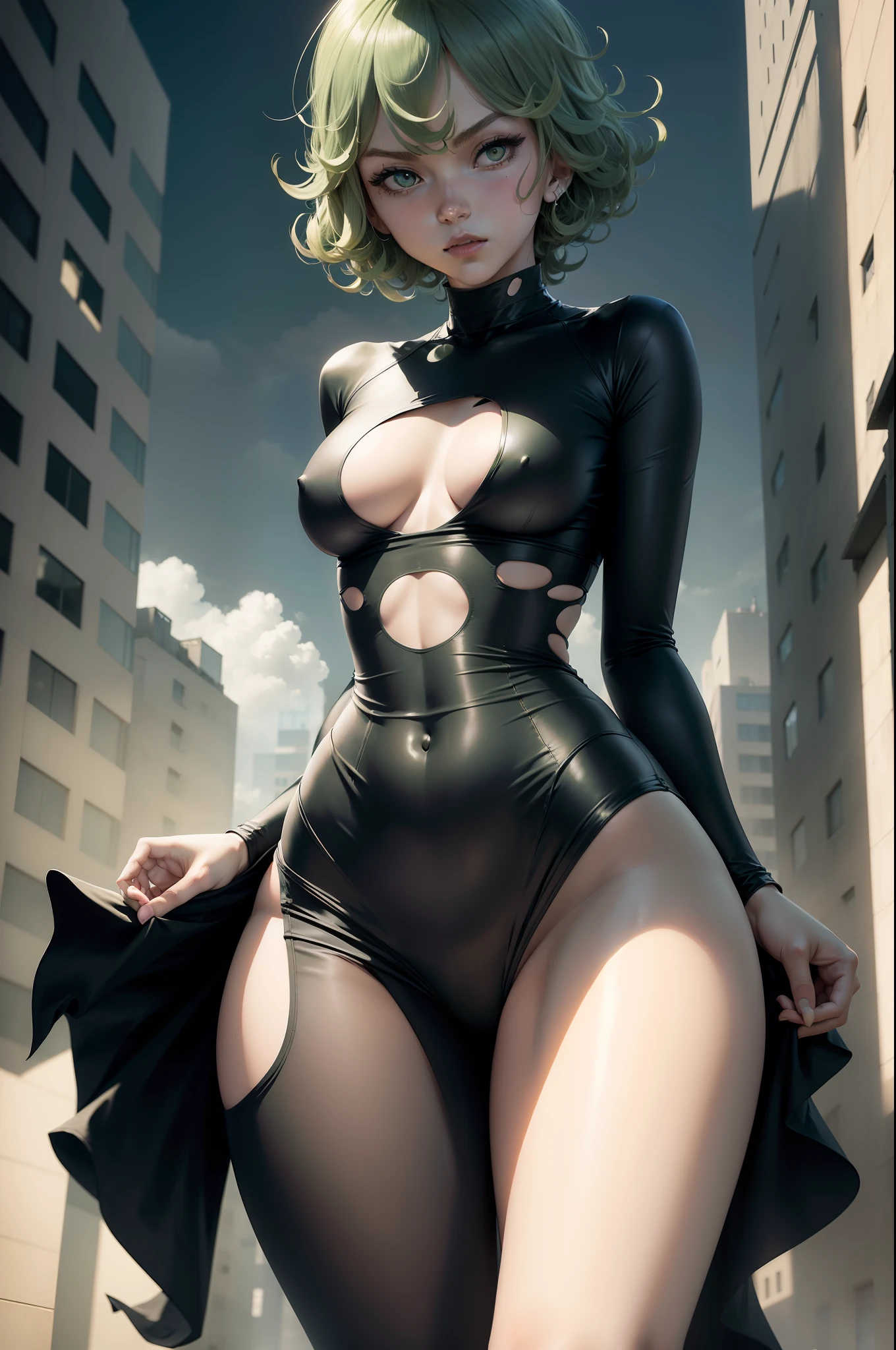 tatsumaki, onepunchman, tight clothes, skinny, (((small breasts))), blush, masterpiece, detailed face, floating in the air against the background of the city, torn clothes, a black dress of medium length, (((full length frame))), green hair,