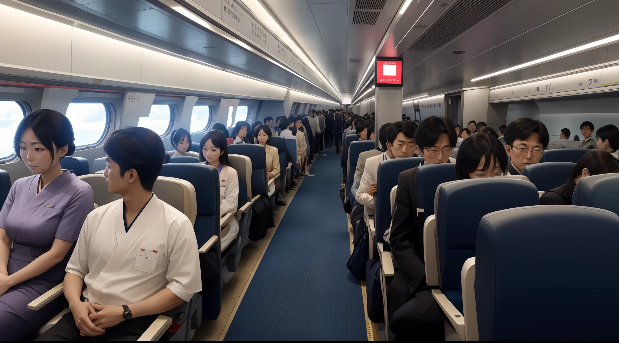 There are many people,in Shinkansen in Japan,
Passengers f a Japanese bullet train is 200% filled, with people standing in the aisles., real. 64k