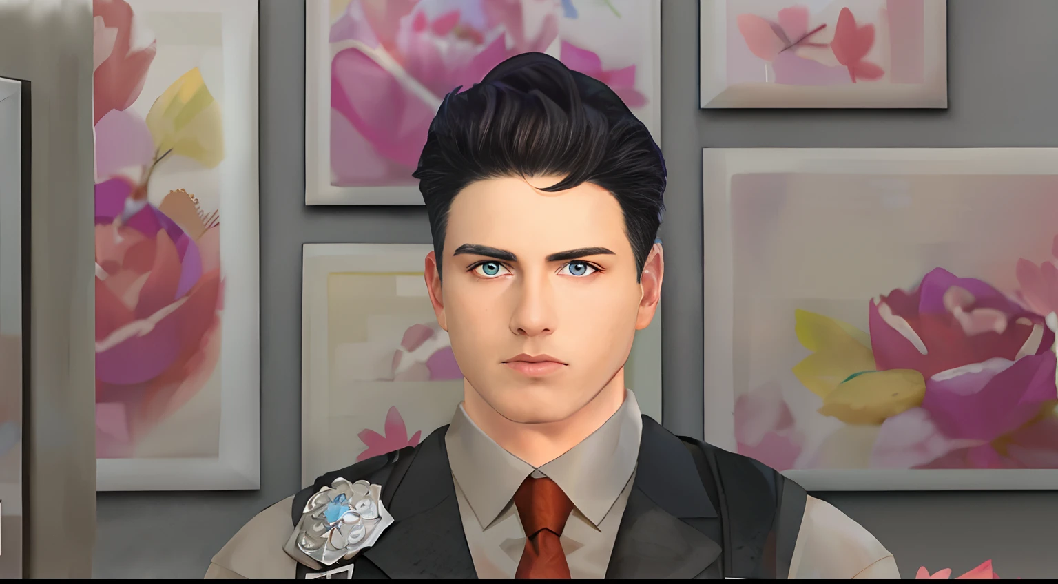There's a man with blue ocean eyes and vest and tie standing in front of a wall, bonito impressionante realista, com o rosto muito detalhado, inspirado em Dean Roger, inspirado em Eugene Montgomery, inspirado em Hisui Sugiura, inspirado em Nelson Alexander Ross, inspirado em Alexander Sharpe Ross, Bravo policial J Decker Face, com rostos totalmente detalhados, no jogo