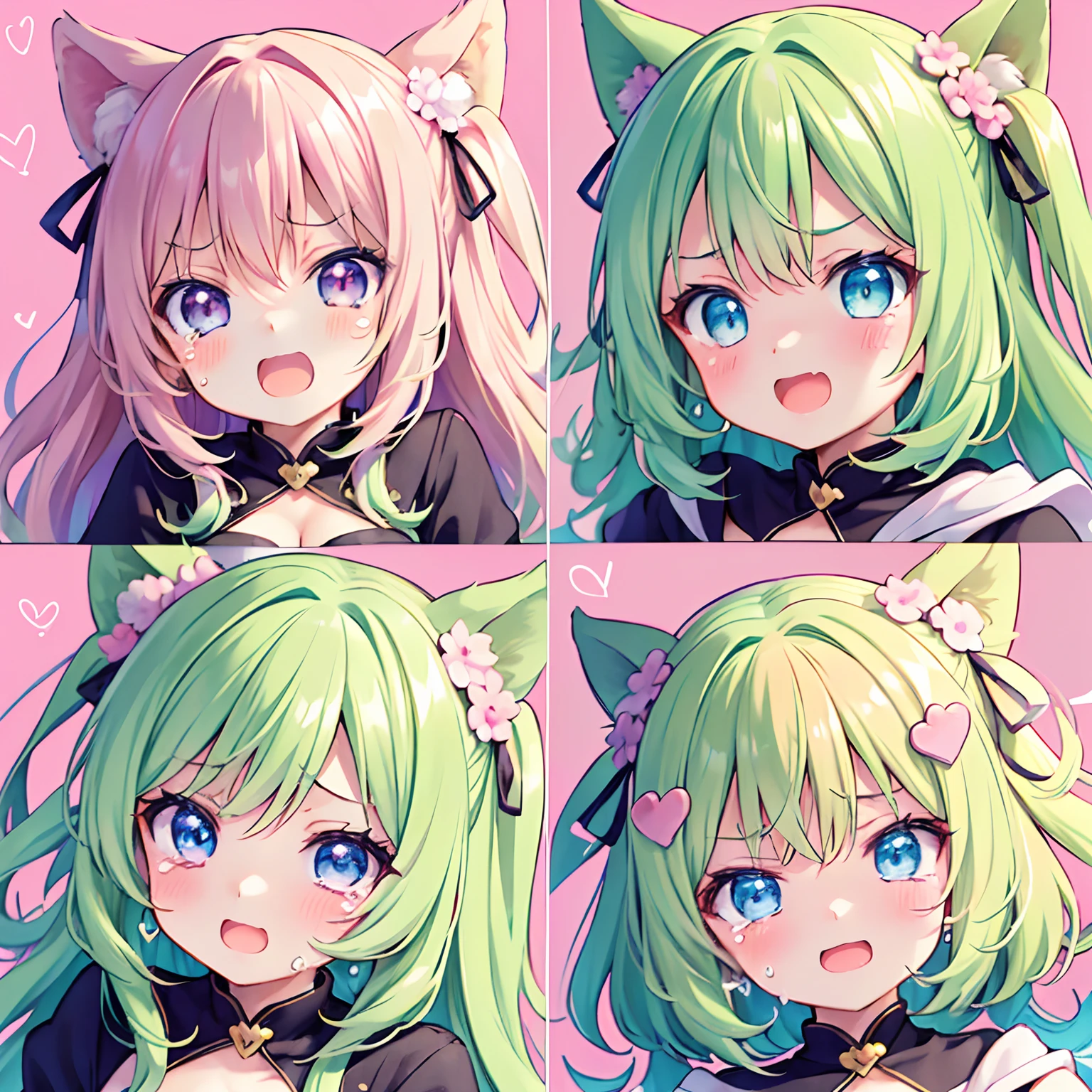 4 different expressions,expression surprised,The expression is angry,Happy expression,Expression crying,Masterpiece, 1girll, heartthrob, closeup cleavage, Big eyes, kawaiitech, kawaii, ,Pastel colors, Best quality, cheerfulness, The background is pure white and well-proportioned, Tilted head