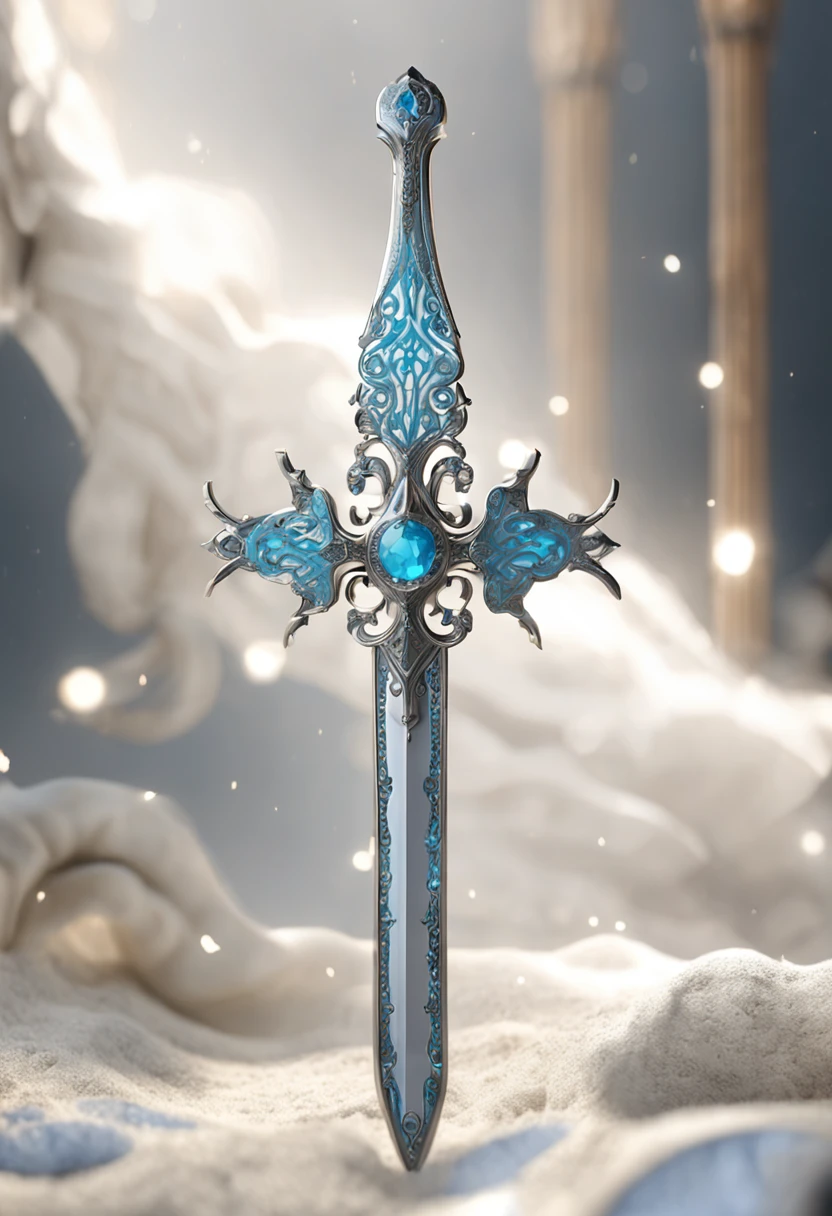 The pure white sword body is delicate and exquisitely ornamented,(((The body of the sword is designed with diamond and light blue particle effect filigree patterns:1.3))), Edge, (The sword body is symmetrically ornamented:1.3), (the swords entire blade is centered:1.3), Mid-range close-up,(Overall silhouette:1.3),(Fantastic angelica flowers background:1.2), Ultra photo realism, super-fine, 8K,Premium wallpapers,Highest image quality,3D,C4D,Master masterpieces,octane rendering