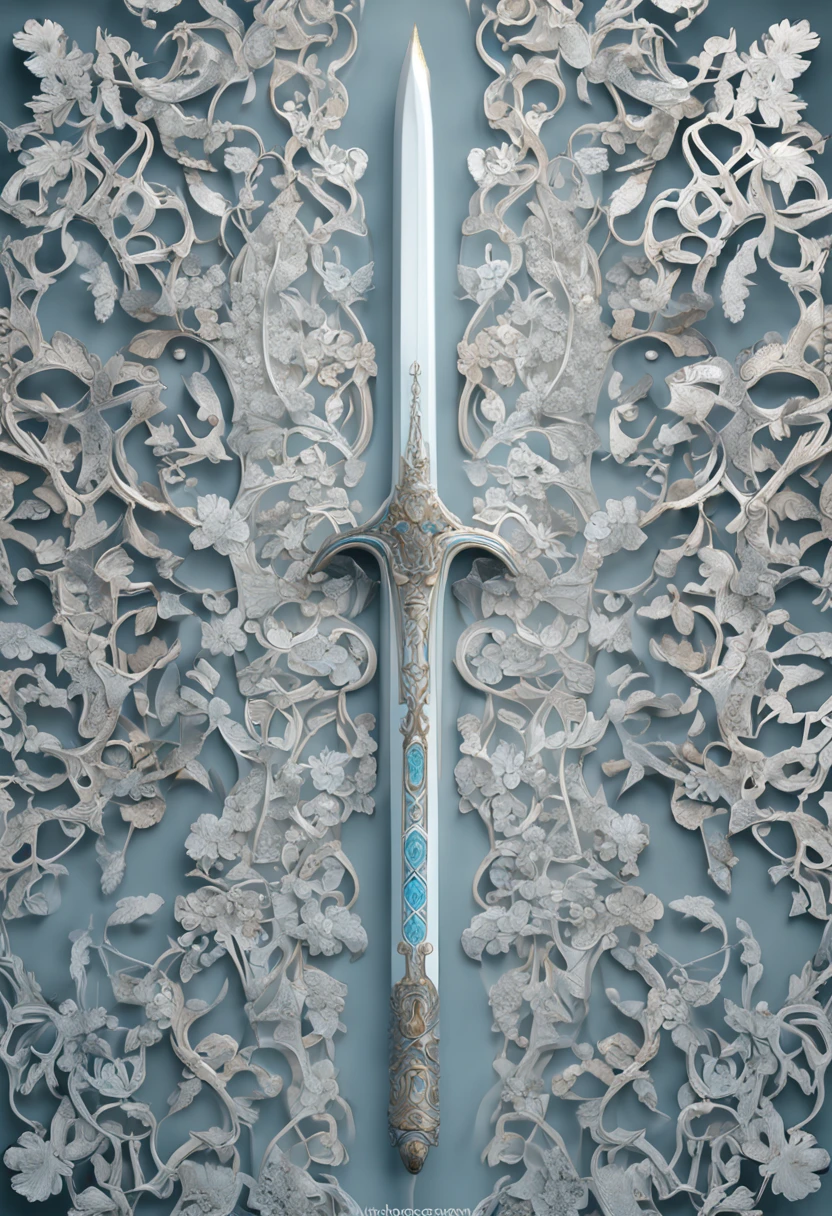 The pure white sword body is delicate and exquisitely ornamented,(((The body of the sword is designed with diamond and light blue particle effect filigree patterns:1.3))), Edge, (The sword body is symmetrically ornamented:1.3), (the swords entire blade is centered:1.3), Mid-range close-up,(Overall silhouette:1.3),(Fantastic angelica flowers background:1.2), Ultra photo realism, super-fine, 8K,Premium wallpapers,Highest image quality,3D,C4D,Master masterpieces,octane rendering