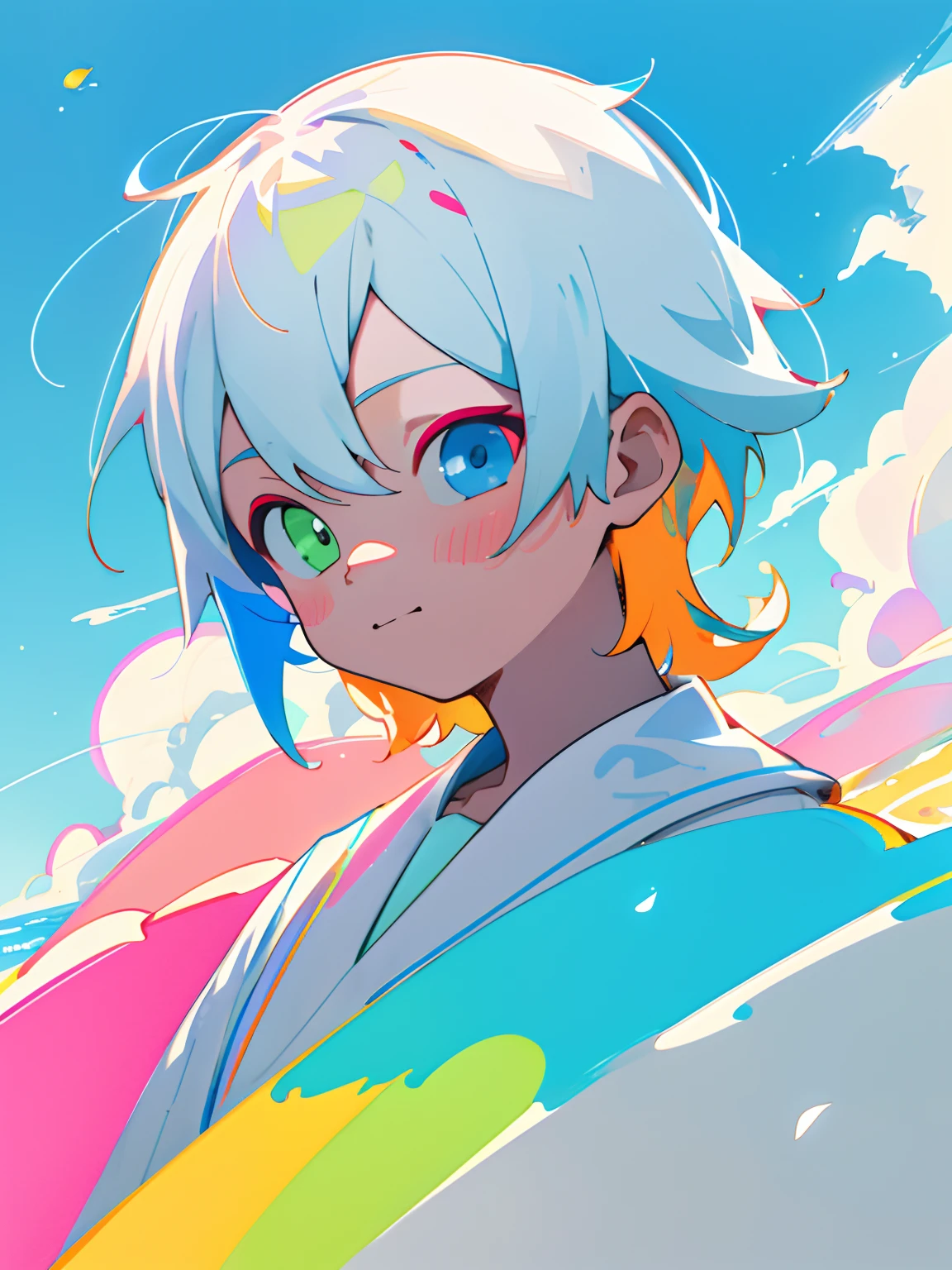 Making of Illustration Poster, Flat illustration, Colorful, Highly saturated, Contour light, Warm and bright, Colorful, HD 8K, colored light particles, Heterochromatic, male child, Upper body, Clear face, By the sea, Blue sky, white clouds, (Color: 1.5) , --v6