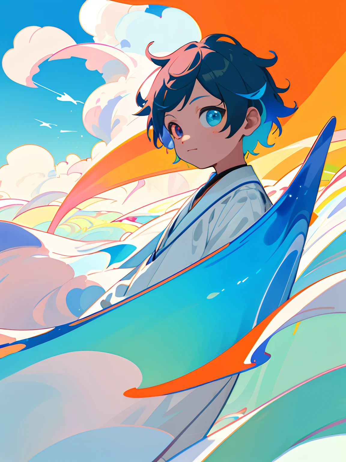 Making of Illustration Poster, Flat illustration, Colorful, Highly saturated, Contour light, Warm and bright, Colorful, HD 8K, colored light particles, Heterochromatic, male child, Upper body, Clear face, By the sea, Blue sky, white clouds, (Color: 1.5) , --v6