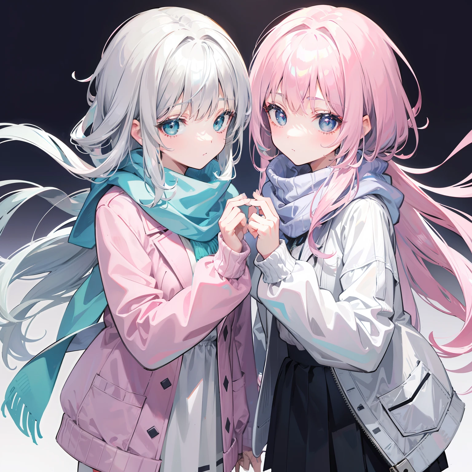 Gray-pink bangs,Bluish green pupils,Wear a silver and white jacket and a pink sweater,With a blue scarf,It's a cute girl