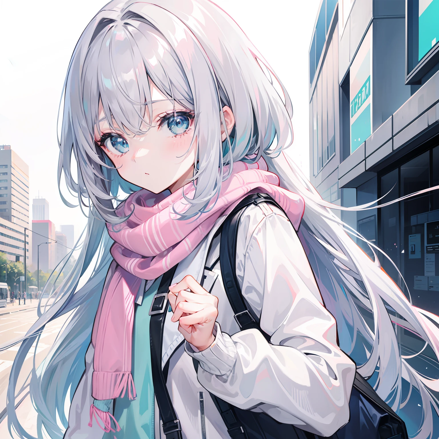 Gray-pink bangs,Bluish green pupils,Wear a silver and white jacket and a pink sweater,With a blue scarf,It's a cute girl