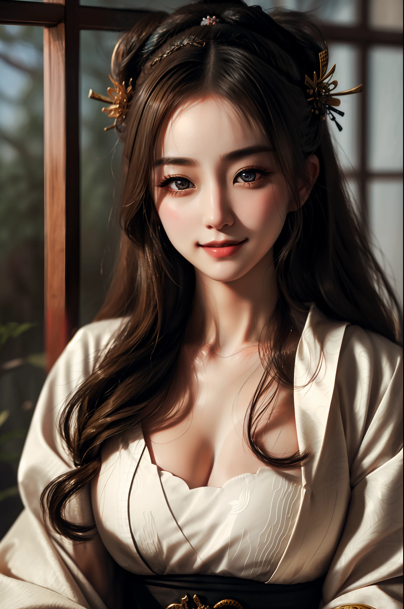 An incredibly detailed portrait of a stunning girl embodying the spirit of a samurai, with mesmerizing eyes, a captivating smile, and flowing, beautiful tresses.