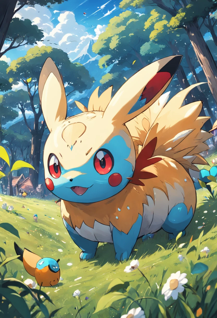 Pokémon, all kinds of virtual critters, fill the entire meadow, Q version, cute, surreal, fresh painting