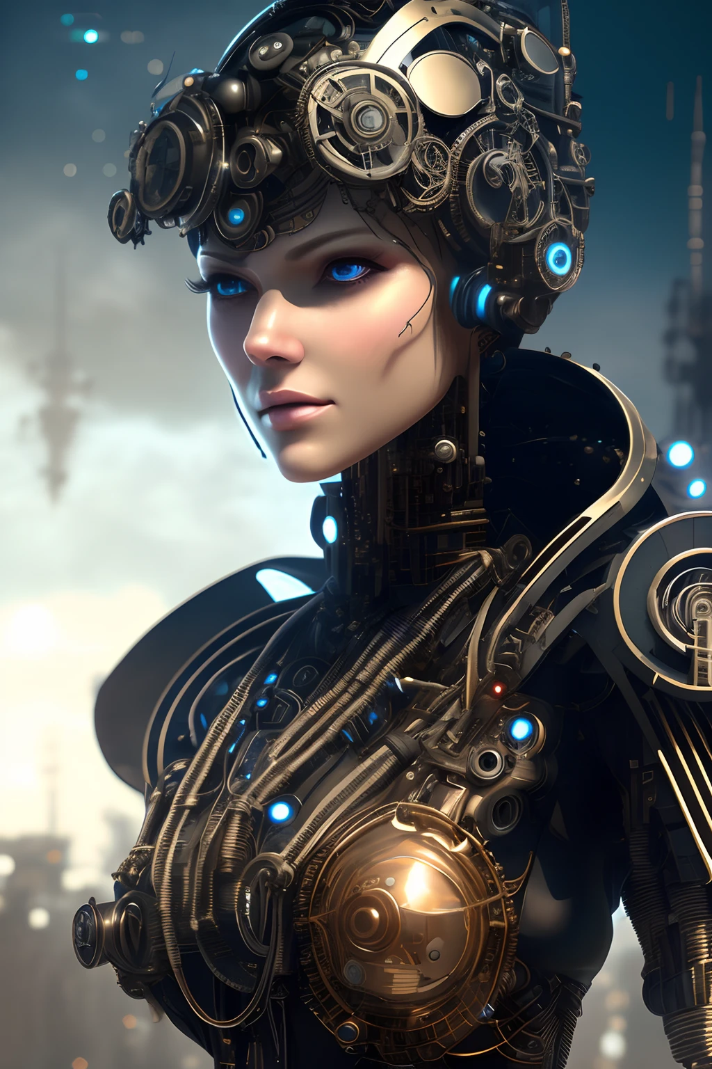 full body cyborg| full-length portrait| detailed face| symmetric| steampunk| cyberpunk| cyborg| intricate detailed| to scale| hyperrealistic| cinematic lighting| digital art| concept art| mdjrny-v4 style