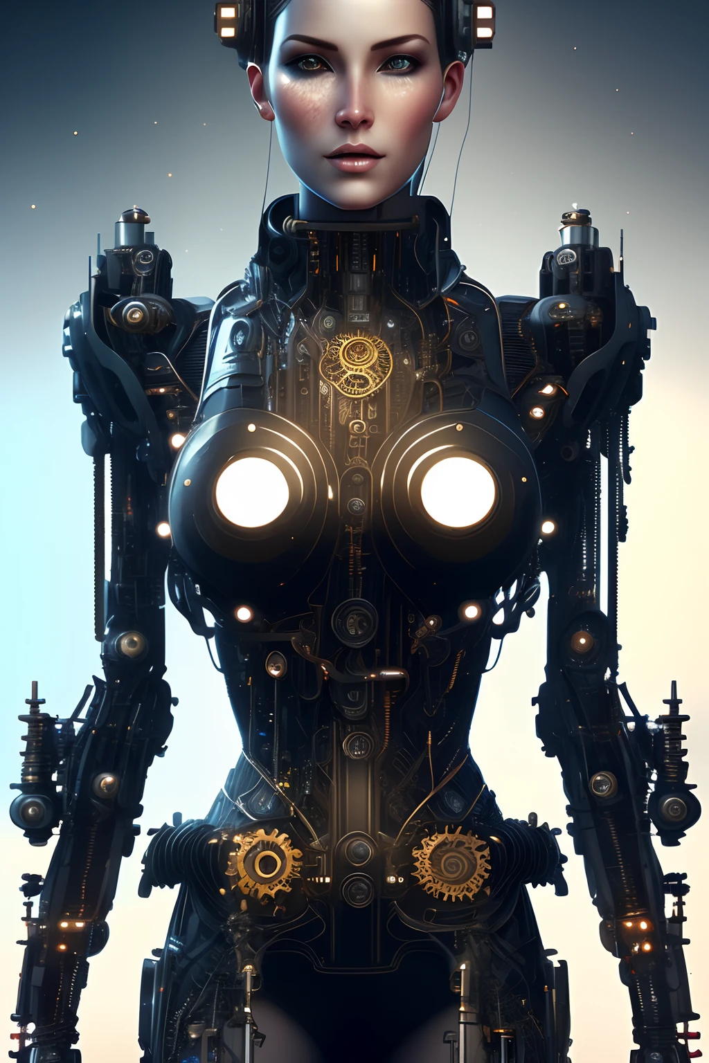 full body cyborg| full-length portrait| detailed face| symmetric| steampunk| cyberpunk| cyborg| intricate detailed| to scale| hyperrealistic| cinematic lighting| digital art| concept art| mdjrny-v4 style