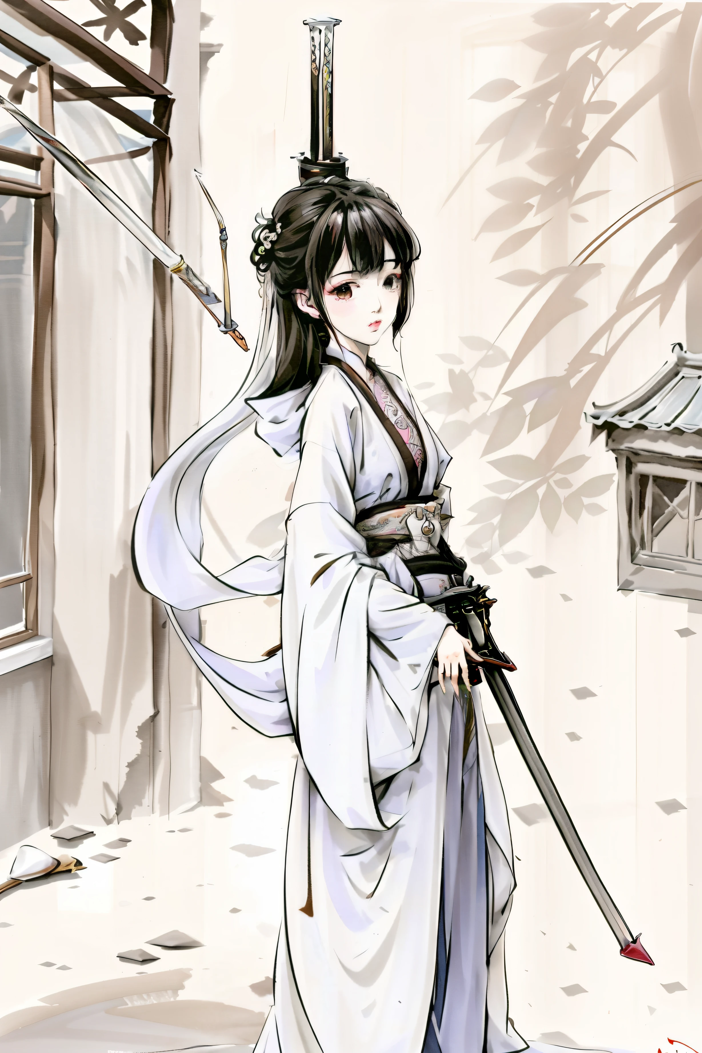 Painting a woman in a white dress holding a sword, Palace ， A girl in Hanfu, Guviz, she is holding a katana sword, White Hanfu, Guviz-style artwork, style of anime4 K, made with anime painter studio, she is holding a sword, full-body wuxia, Anime art