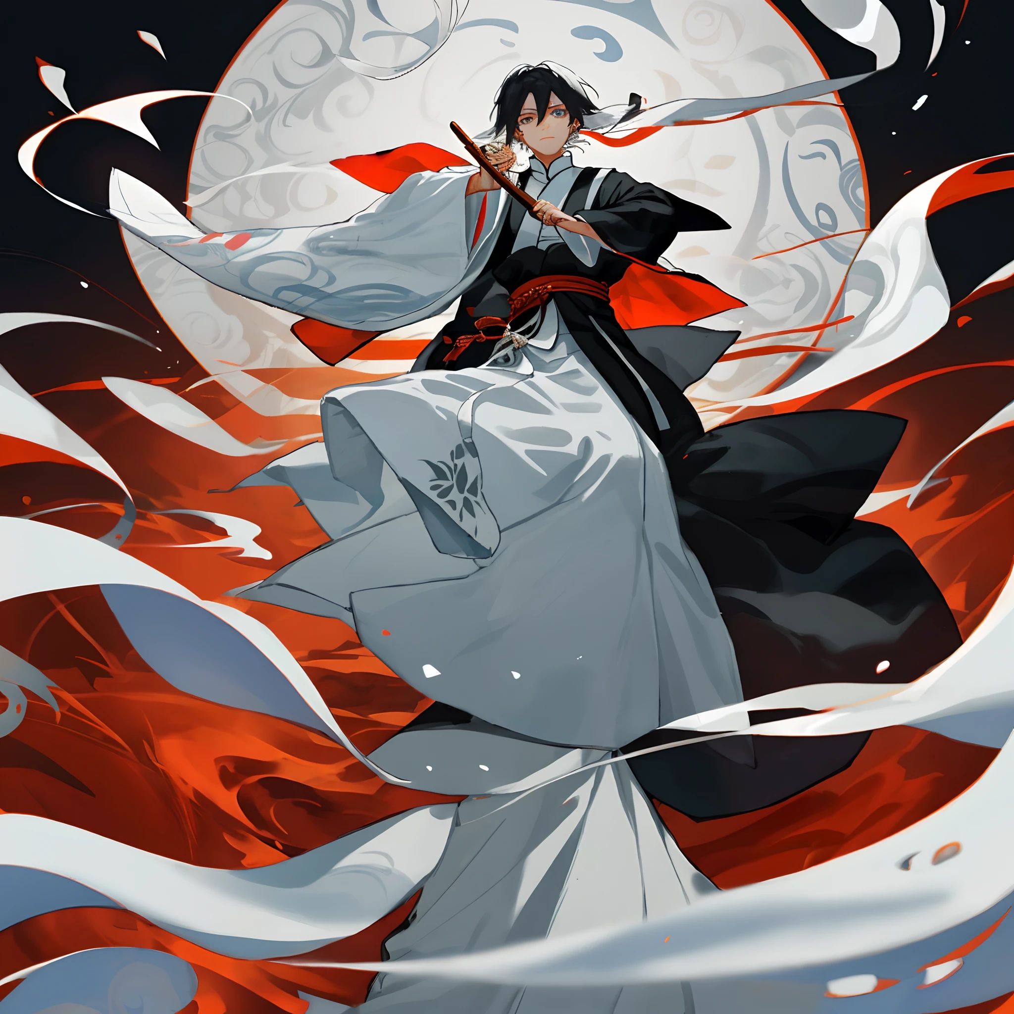 He was tall and slender,The skin is as fair as jade,As pure as snow,His eyes were one deep black and the other snow-white,His black and white hair was long and flowing,No bondage,Dancing with the wind。He wore a set of white and black robes,It is embroidered with the pattern of Tai Chi Bagua,Highlights his dignity and mystery。He held the yin and yang fan in his hand,The fan shimmers with curved yin and yang patterns,exuding a mysterious atmosphere。