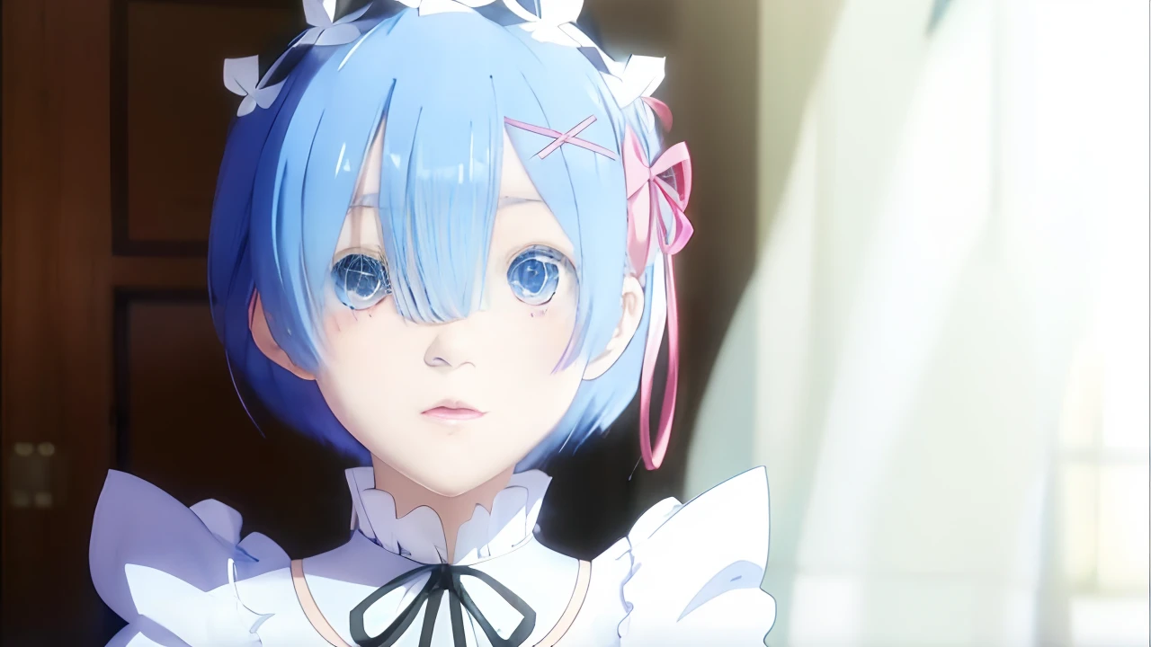 Anime girl with blue hair and white dress and bow, rem rezero, today's featured anime still, short blue haired woman, Anime visuals of cute girls, anime movie screenshot, Still from TV anime, still from anime, screenshot from a 2012s anime, in the anime film, anime film still, anime still image
