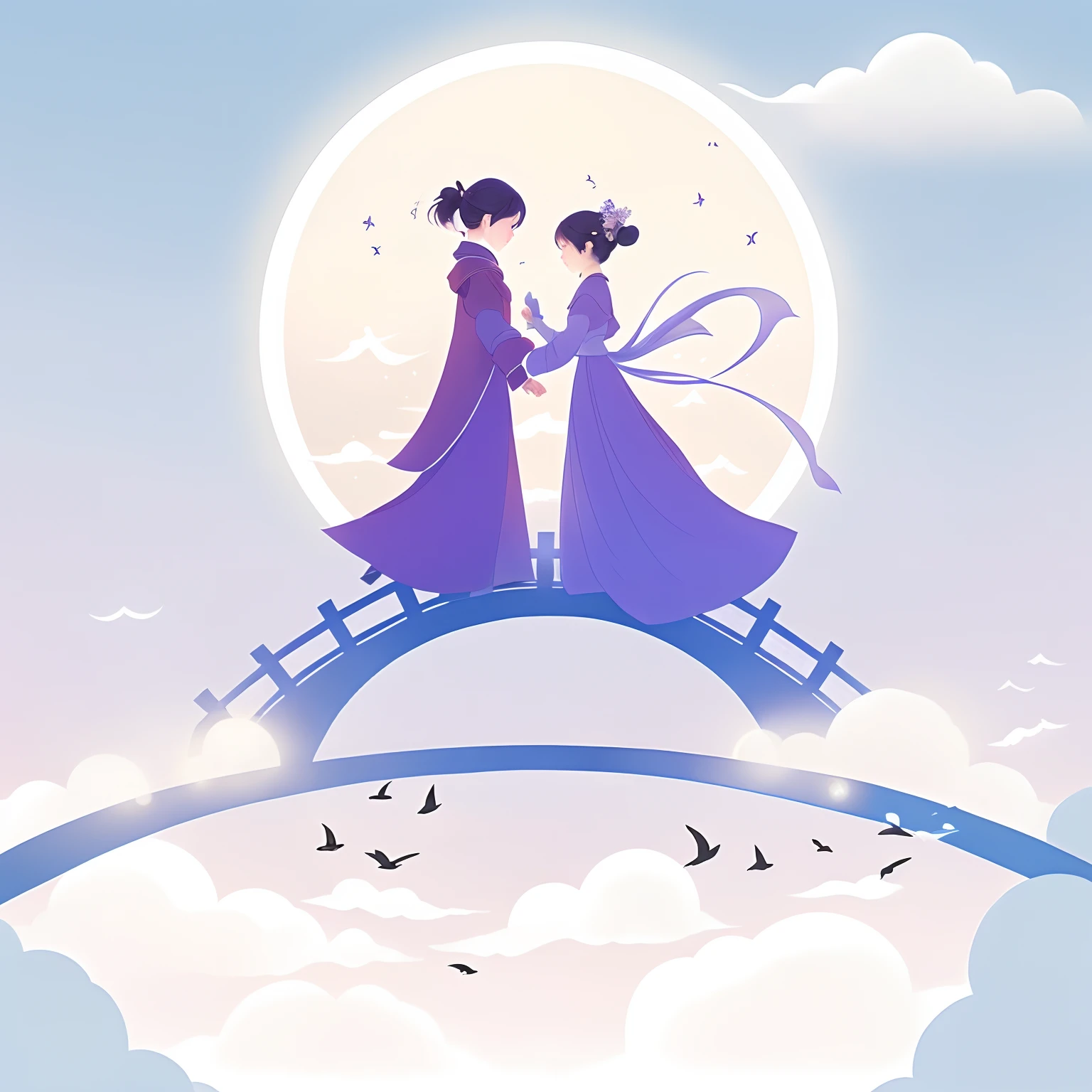 Two people standing on a moonlit bridge, Surrounded by magpies,fairy tale style background, A beautiful artwork illustration, Palace,surrounded by cloud, Girls and boys in Hanfu, fairy-tale illustration style, dreamlike illustration, boy girl traditional romance, Chinese fantasy, serene illustration, blurry and dreamy illustration, holding hands in the moonlight, illustration!, blurry and dreamy illustration, sky bridges