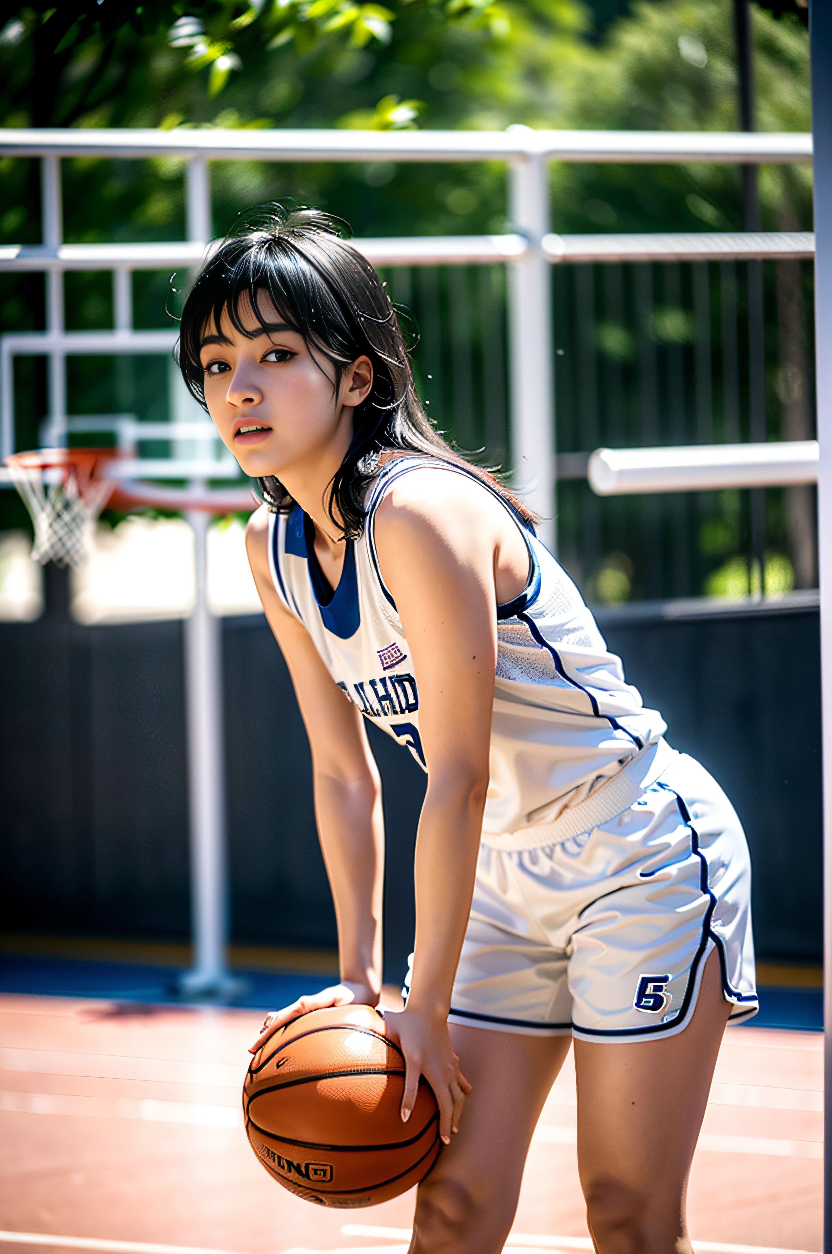(8k, Best Quality, Masterpiece: 1.2), (Realistic, Realistic: 1.37), Ultra Detailed, Best Quality, Ultra High Resolution, Professional Lighting, Photon Mapping, Radiosity, Physically Based Rendering, Cinematic Lighting, Basketball Court, Depth of Field, Sharpness focus, sunlight, good composition, (bokeh: 1.2) 1girl, solo, (full body), (closed mouth), beautiful and detailed eyes, pose, narrow waist, basketball uniform, black hair, messy hair, long hair blowing in the wind, (ulzzang-6500:1.2) mix4, hiqcgbody