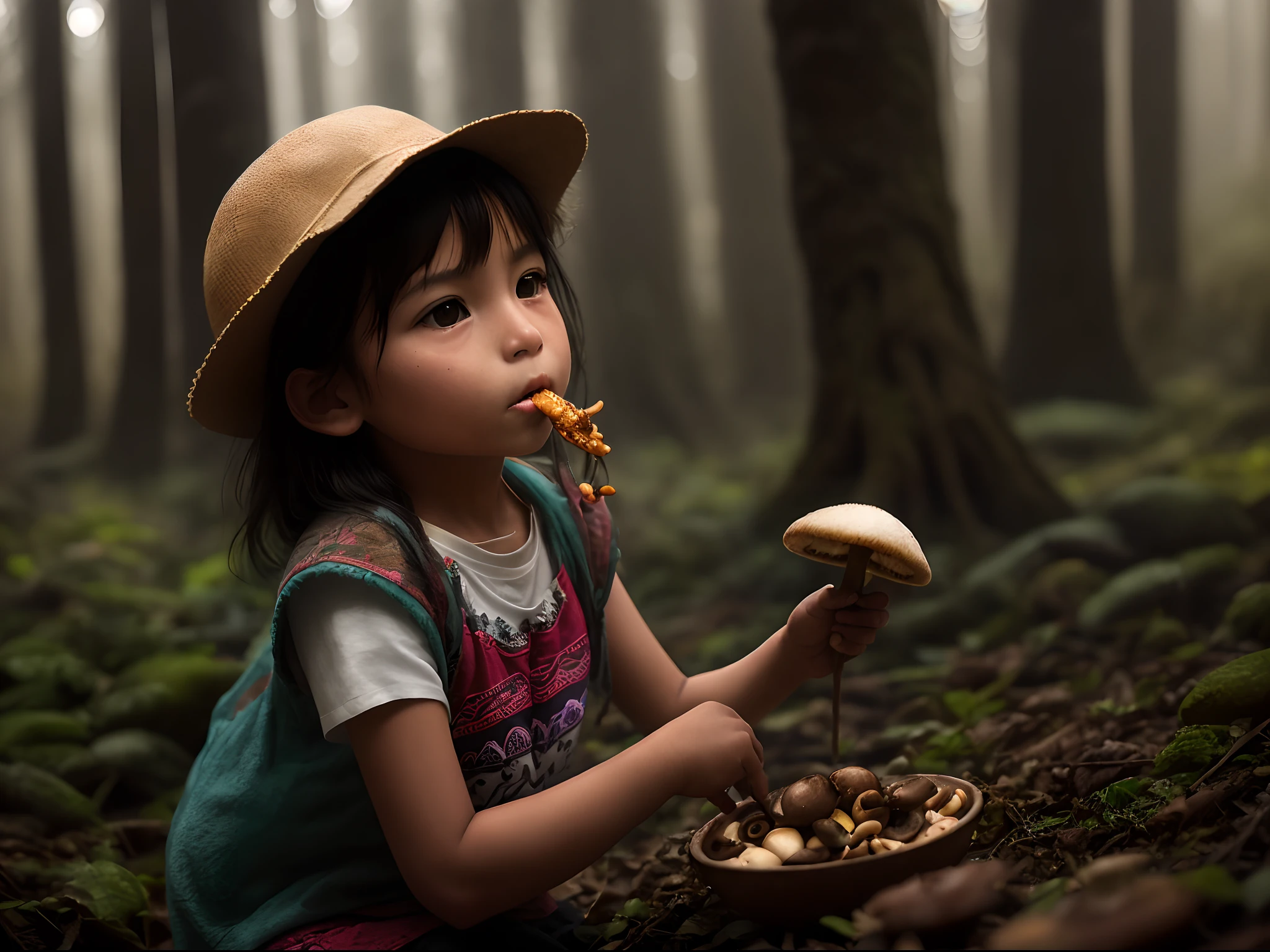 1 little mexican indigenous etnic girl () , wearing no hat, very poor and hungry, eating little mushrooms in a foggy forest, natural sunlight, Dutch angle, depth of field, bokeh --ar 1:2, soft light, magical and fairy environment.
