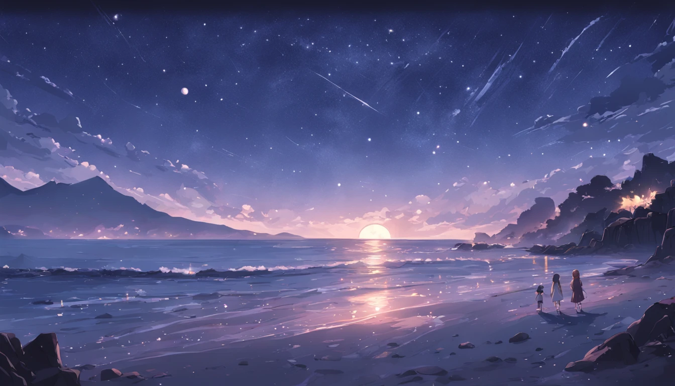Anime landscape with people walking on the beach at sunset - SeaArt AI