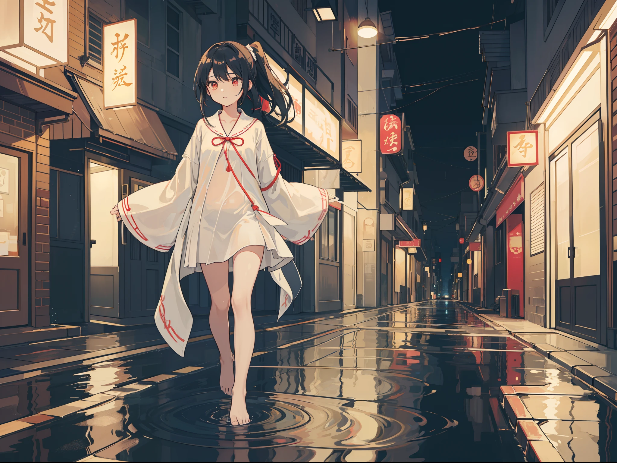 deep in the night,little bit of raining,s girl,The expression is shy,Black hair with high ponytail,Wear white and red Taoist clothing,Comfortable robe sleeves,Clothes hang down to the ankles,Loose collar,The placket is inlaid with delicate embroidery or pattern,Clothes are torn and torn,clothes wet,Fit snugly to the body,Barefoot,The front foot is raised to expose the soles of the feet,Girl walking down the street at night,Walk lightly,Every step brings ripples,The puddle reflects the soles of your bare feet,The streets are shrouded in silence and silence。Street lights emit a soft yellow or white glow,Cast warm light and shadow in the dark。The buildings lining the streets stand quietly,There was a faint light outside the window,Reflected in the street