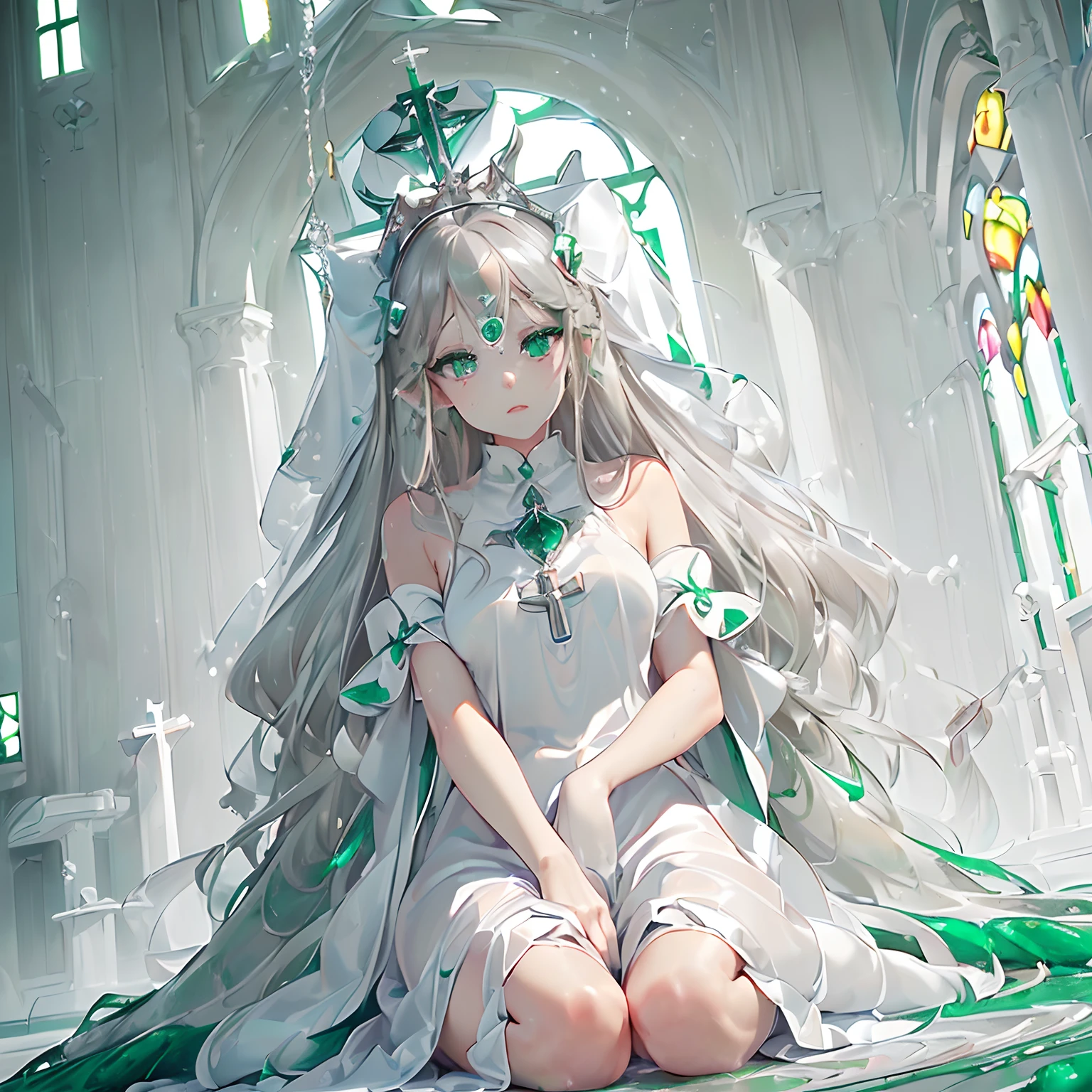 masterpiece、top-quality、High-quality images、hight resolution、8K、1little girl、独奏、realisitic、portlate、the detail、Detailed depiction of the eyes、Speciality、Since a while ago、announcer((Long silver hair、Emerald green eyes、Neat face、skin gloss、Lustrous hair、Pure White Silk Dress、accessorized、Slimed、Balanced proportions、royal princess、Interior of the Holy Church、Look straight here:1.5))、、、announcer、Leo is persistent.、Don't quit until the best、The dirty ones will leave、Ana is an angel、glinting