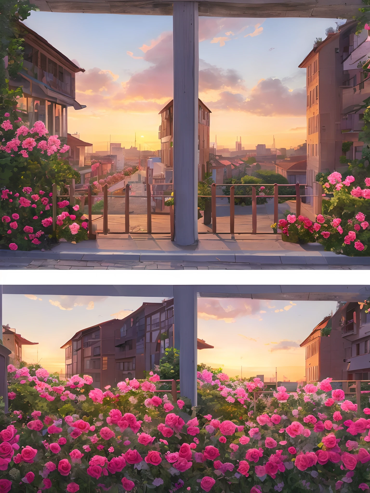 The sky is a magnificent sunset, In front of it is a row of white fences, The fence is covered with delicate roses, The colors of the roses are colorful, The whole picture is romantic, reality, high detail, Realism, chromatic aberration, chiaroscuro, UHD, masterpiece, ccurate, anatomically correct, super detail, high details, high quality, award winning, best quality, highres, 16k
