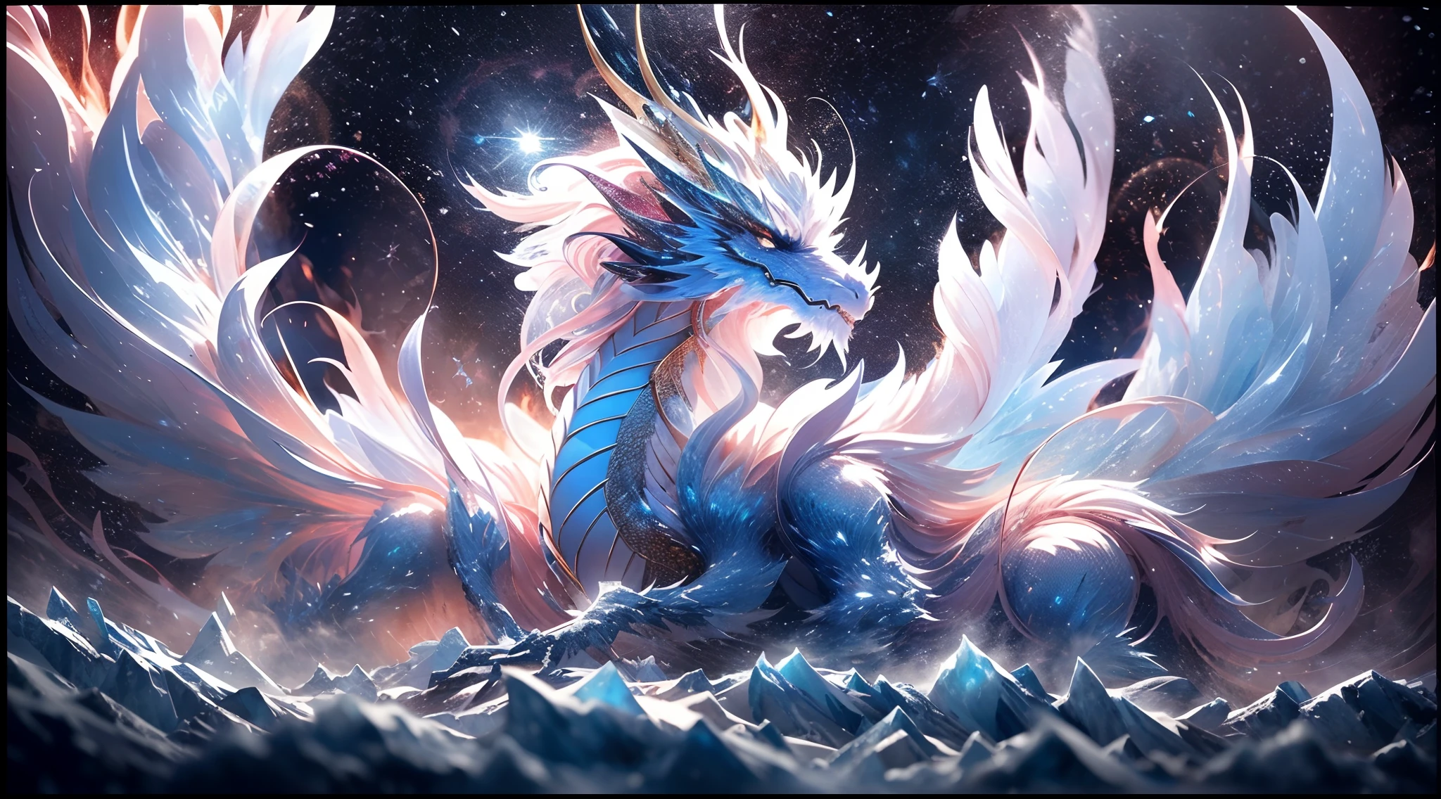 (((best quality)))), ((ultra-detailed))), (((masterpiece))), illustrations In this Ice Age scene, the addition of the element of fire brings strong contrast and visual impact. In the center of the picture, a glacier dragon stands majestically, its body is composed of countless ice-blue scales, each of which is like an independent ice crystal, (8K ultra-high definition), and the edge of each scale is clearly visible. However, what was amazing was that the dragon's mouth spewed not an icy breath, but a blazing flame. The flames jumped and burned in the cold air, illuminating the surrounding ice and snow, creating a strange scene of ice and fire blending. This flame is like a bright star, illuminating the night sky of the Ice Age. The blazing heat of the flames contrasts sharply with the coldness of the glaciers, symbolizing the power of life and the harshness of nature. In this icy world, the presence of flames brings hope and life, adding more layers and depth to the Ice Age scene. On the distant skyline, a bright moon slowly rises, casting a faint glow. The moonlight shines through the mist on the glacier, reflecting the twinkling ice crystals, which contrasts with the blazing heat of the flames, creating a mysterious and dreamy atmosphere. The whole picture emphasizes the magnificence and mystery of the ice age, and conveys the unique atmosphere of this ice magic domain through the use of light and shadow and the change of color. The elements of ice and fire are cleverly combined to create a unique visual impact that will not be forgotten.