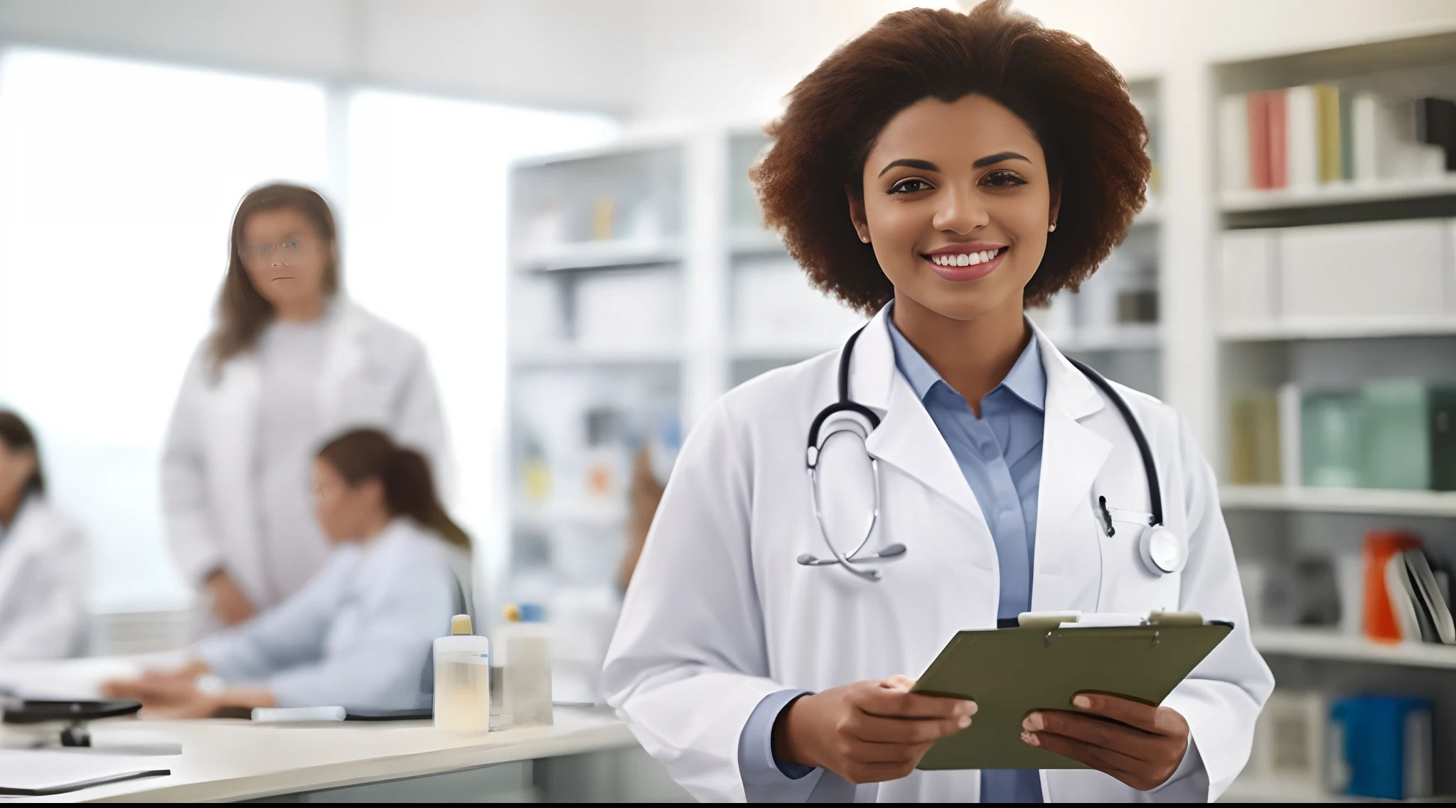 a woman in a lab coat holding a clipboard in front of a group of people, wearing lab coat and a blouse, wearing a white lab coat, healthcare worker, doctor, medical doctor, wearing a labcoat, (doctor), wearing a lab coat, wearing lab coat, with a lab coat, with a stethoscope, stock photo, male physician