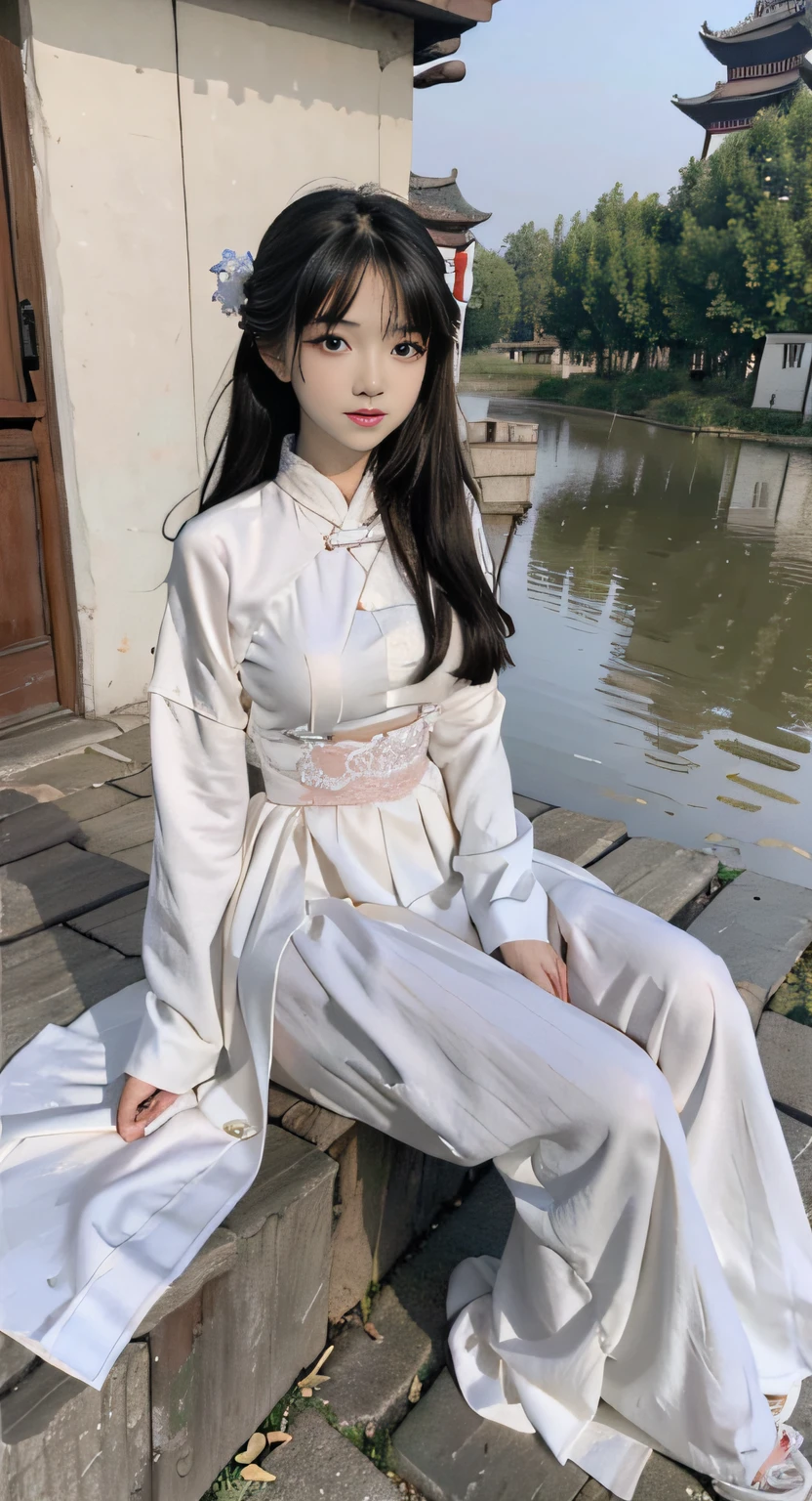 Master quality, highest quality, best picture quality, exaggerated details, a cute 8 year old asian little girl with a shy expression, slightly squinted eyes, adjusting her hair, long eyelashes (long hair / very, very exaggerated big breasts, big tits / in petticoat dress tissue, ), posing sit in front of the camera, wet breast hanfu, slim and tall waist, silk lace, xintong chen, with open v  hafu acient chinese clothes, detail breast , detail cheast