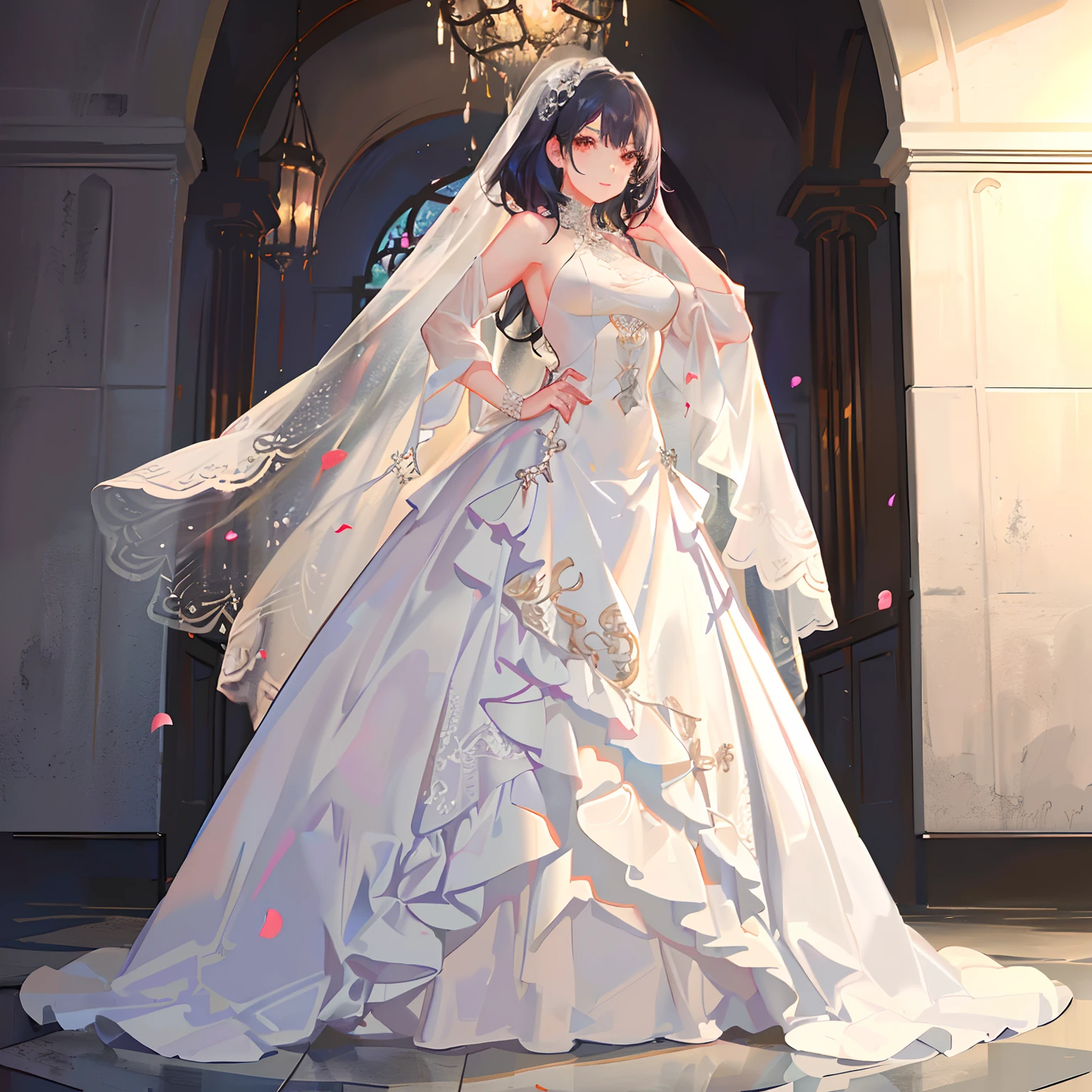 one-girl,wedding gown,Bride,,Beautifully dressed,Shiny clothes,Lace on clothes,Clothes lace,Large skirt,Lace trim,stand posture,facing the front there,Flowers in hand,ssmile,light yarn,full bodyesbian,Shawl,Color chrome,