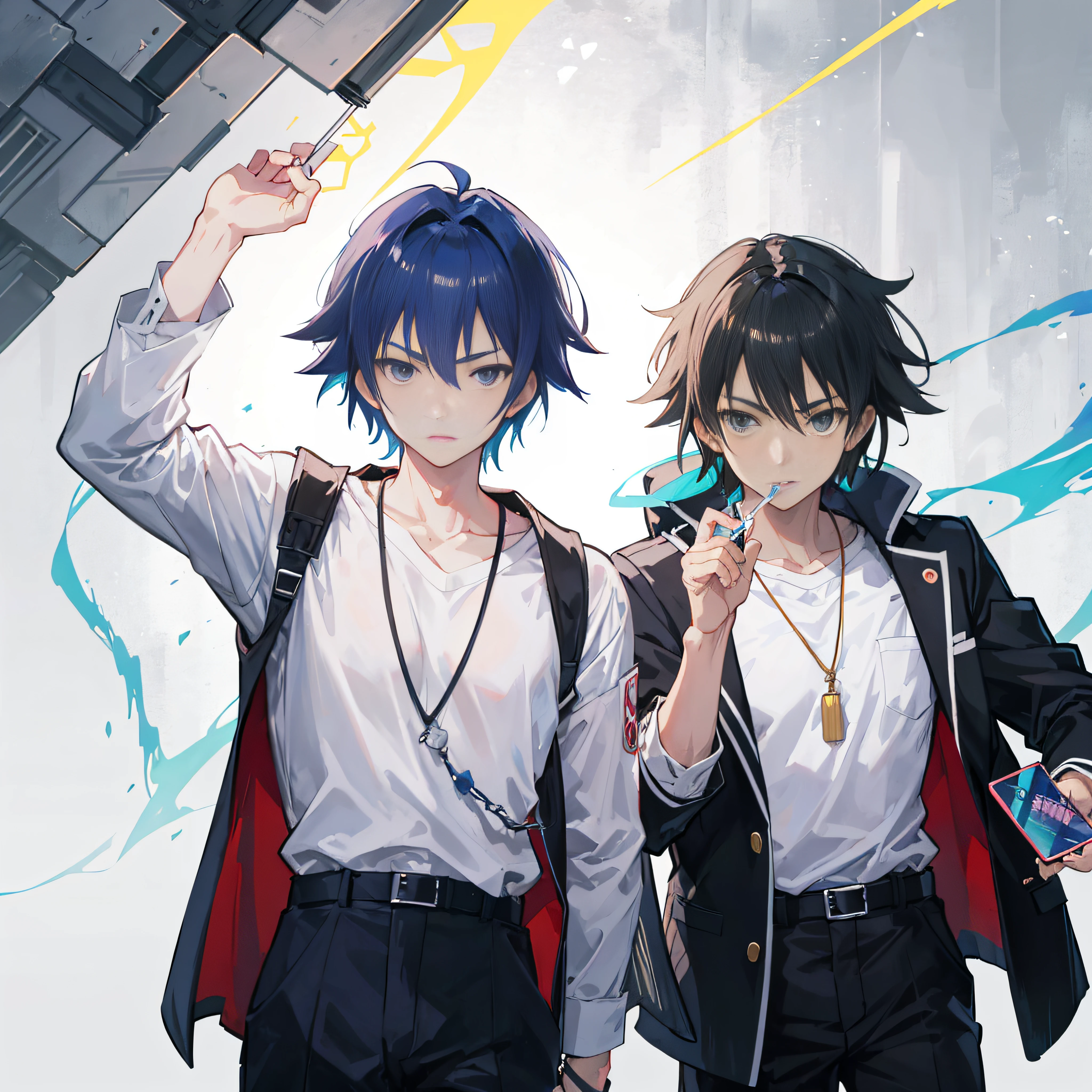 anime man in white shirt brushing his teeth while looking at his cell phone, anime handsome man, anime portrait of a handsome man, handsome guy in demon slayer art, makoto shinkai ( apex legends ), handsome anime pose, okata kazuto, makoto, male anime style, inspired by Itō Ogura Yonesuke