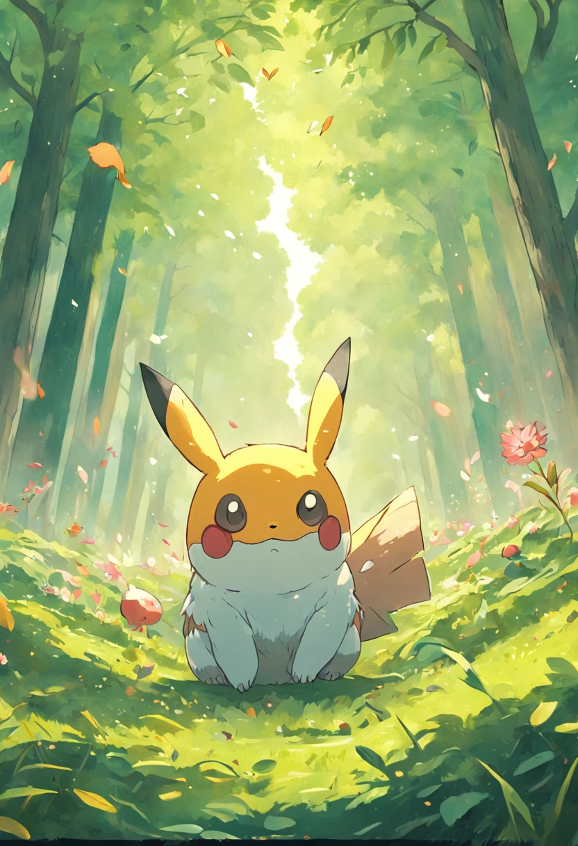 Pokémon, all kinds of virtual critters, fill the entire meadow, Q version, cute, surreal, fresh painting