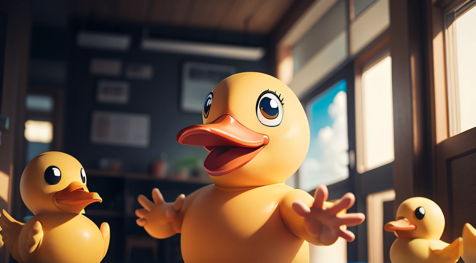 Amidst a joyous and animated meeting, a rubber duck with human features leads the discourse, infusing the environment with a unique blend of fun and purpose.