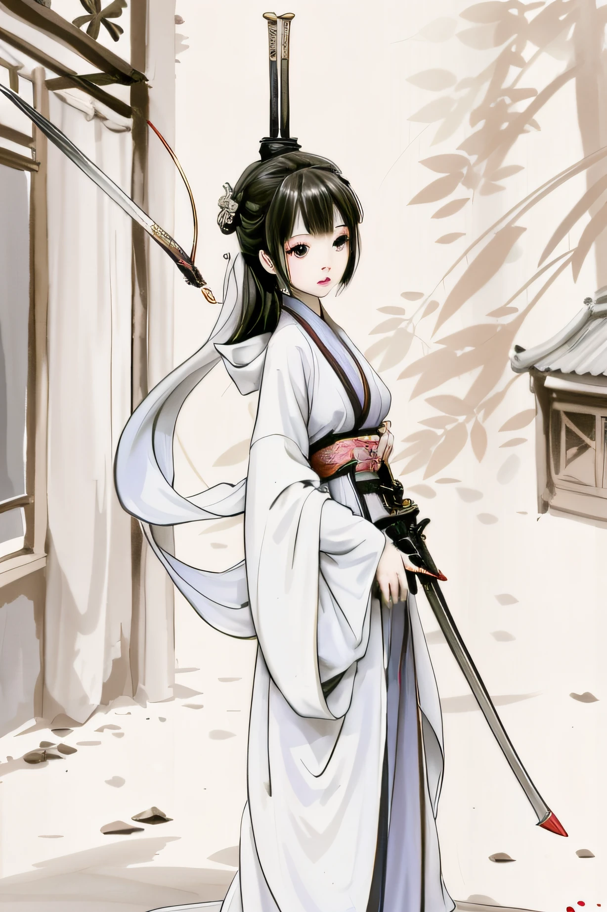 Anime girl wearing white kimono with sword and red umbrella, she is holding a katana sword, Palace , A girl in Hanfu, full-body wuxia, beautiful and seductive anime woman, she is holding a sword, anime girl with a bow and arrow, Beautiful anime woman, Beautiful anime style, inspired by Li Mei-shu, style of anime4 K