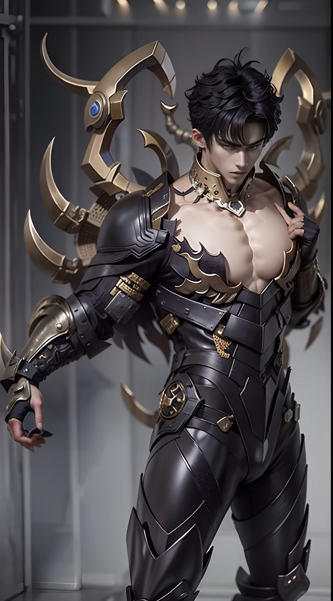 Sculpture design，Figures，GK model，The whole body of the character，Handsome demon，satan，sexy for，Stroke the chest，Wings，Handsome，Expose muscles，base，Wu Yifan，Handsome cybernetic boy looking at camera lingerie detailed muscular reality masterpiece，musculous