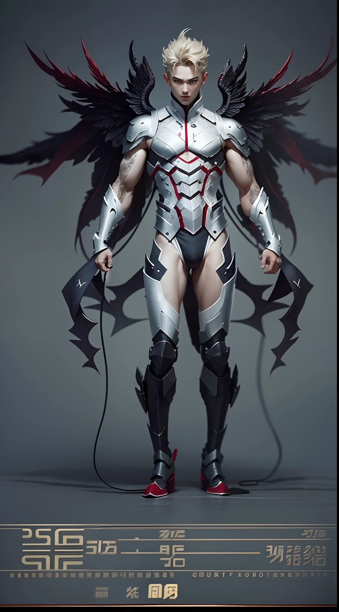 Sculpture design,Figures,GK model,The whole body of the character,Handsome demon,satan,sexy for,Stroke the chest,Wings,Handsome,Expose muscles,base,Wu Yifan,Handsome cybernetic boy looking at camera lingerie detailed muscular reality masterpiece,musculous