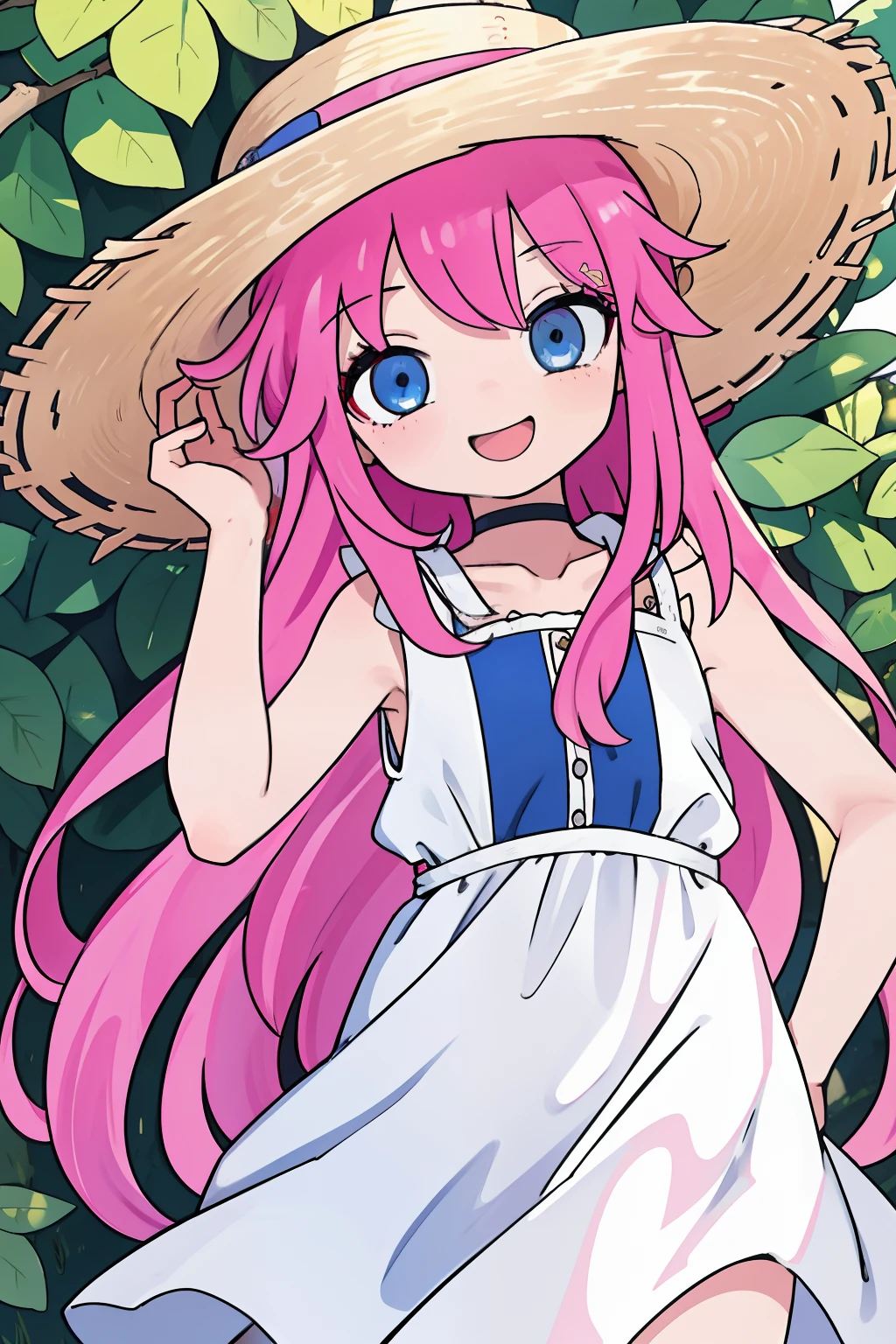 solo, 1girl, petite, child, 10 years old, ****, pink hair, long hair, Quirk hair, large hair intake, happy smile, shiny eyes, blue eyes, sundress, straw hat, choker, sleeveless, off shoulders,