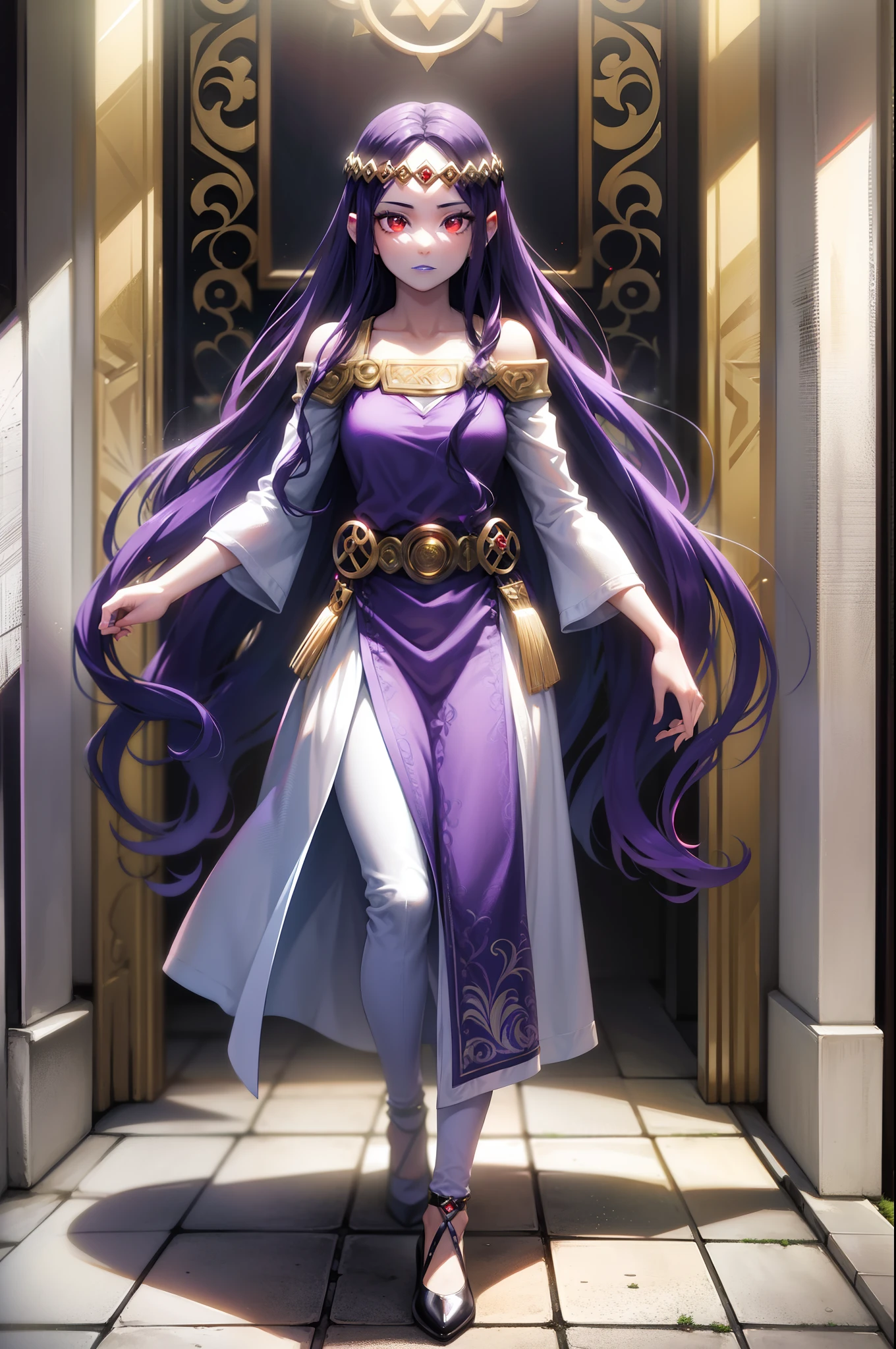 purple hair ,purple lips, tiara, red eyes full body,