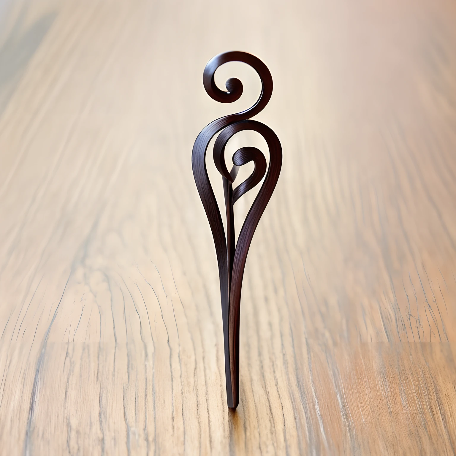 There is a small metal object on the wooden surface, Copper spiral hair ornament, Wooden Art Nouveau swirl, tendrils, Hair ornaments, Art Nouveau vortex, whorl, swirles, Spin curls, swirles, Stick, Shepherd's liar, Fork, Heavy filigree, hair adornments, Stick poke, Spiral