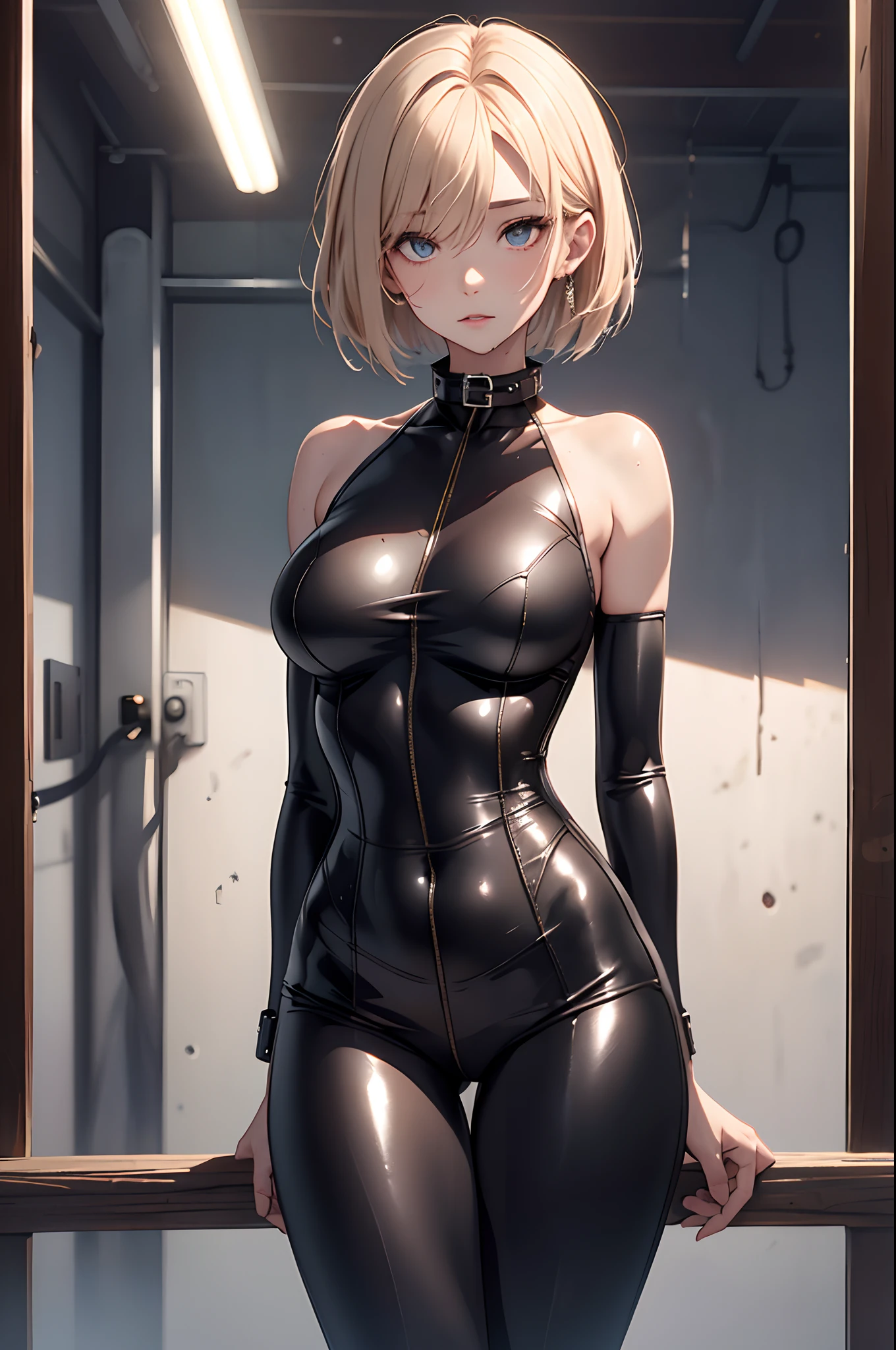 Shackles, BDSM, slave, rubber, black corset, catsuit, collar, nsfw, ((highest quality, 8k, masterpiece: 1.3)), crisp focus: 1.2, beautiful woman with perfect figure: 1.4, slender abs: 1.2, wet body: 1.5, highly detailed face and skin texture, detailed eyes, double eyelids, very short hair,