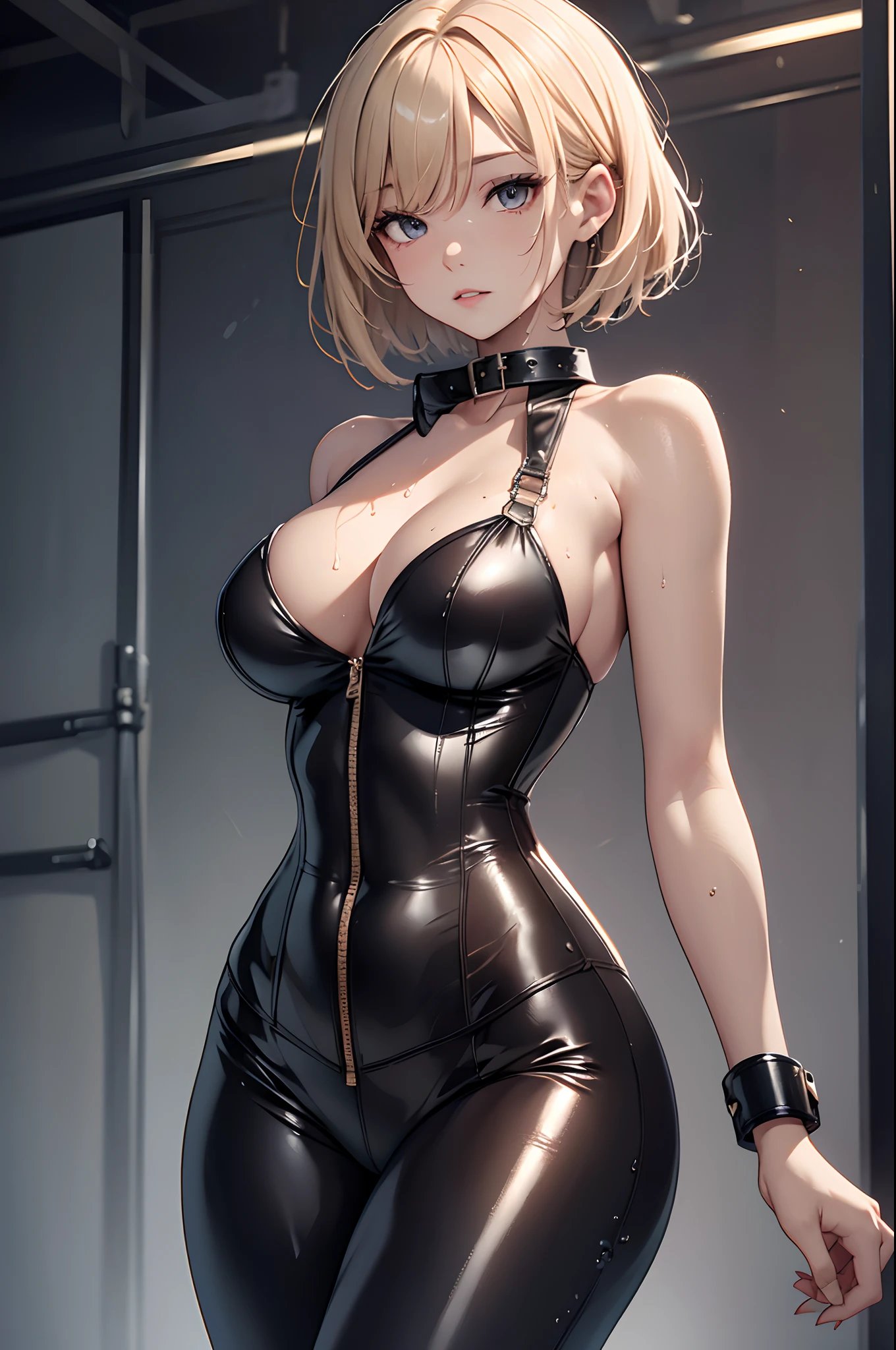 Shackles, BDSM, slave, rubber, black corset, catsuit, collar, nsfw, ((highest quality, 8k, masterpiece: 1.3)), crisp focus: 1.2, beautiful woman with perfect figure: 1.4, slender abs: 1.2, wet body: 1.5, highly detailed face and skin texture, detailed eyes, double eyelids, very short hair,