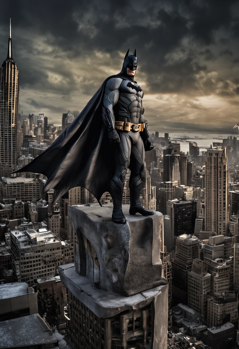 In this ultra-realistic composition, the iconic figure of Batman comes to life in the heart of Gotham City. Every meticulous detail of his full-body costume is expertly rendered, from the intricacies of the textured suit to the fine stitching on his utility belt. The composition captures Batman in a dynamic pose, perched atop a weathered gargoyle on a towering building.

The play of light and shadow brings his chiseled features into focus, highlighting the determination etched across his face. Every contour and muscle is finely delineated, evoking a sense of both strength and vulnerability. The realism extends to the materials themselves – the rubbery texture of his suit, the metallic sheen of his gadgets, and the subtle folds in his cape as it catches the wind.

Gotham City sprawls below, a sprawling expanse of architectural marvels and gritty alleyways. The city's lights cast a warm glow that illuminates the scene, contrasting with the darkness that shrouds the corners and crevices. The level of detail extends to the cityscape as well – individual windows, intricate brickwork, and the reflections in the glass panes all contribute to the immersive experience.

This image transcends traditional art forms, blurring the lines between painting and photography. Every nuance, every crease, and every glint of light contributes to the illusion of reality. As if frozen in time, Batman stands as the eternal guardian of Gotham, captured with unparalleled precision in this ultra-realistic masterpiece.