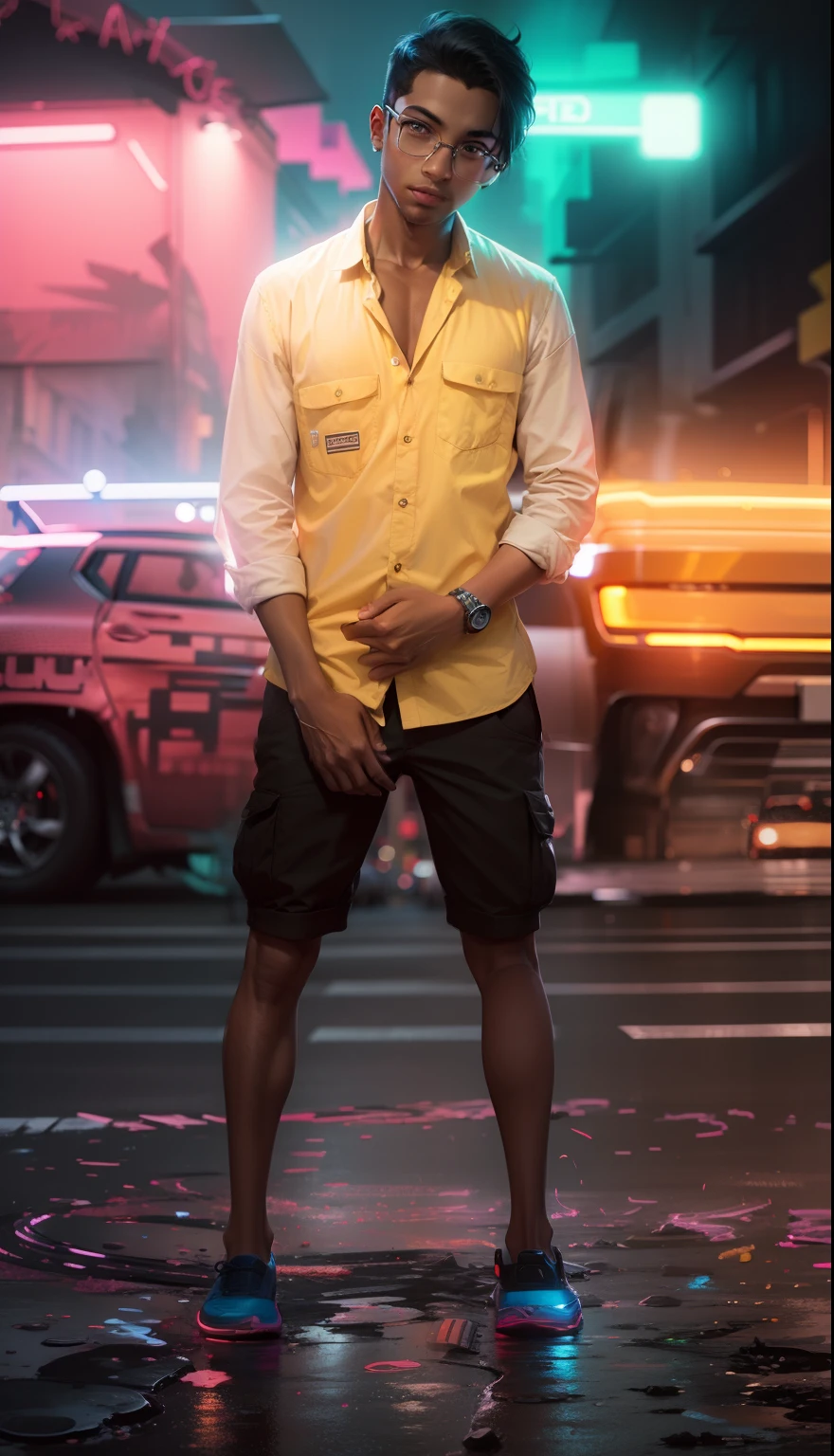 smart boy, neon background cars realis hear