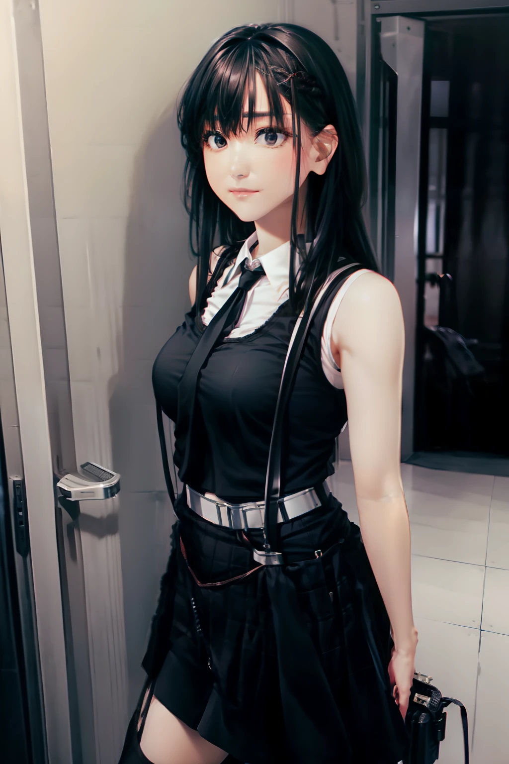 a black skirt, neck tie, Tank tops suspenders, Long Black Hair, Gray eyes, holster, Garter belt on the legs, , Big breasts, Pichi Pichi clothes, both sides deadpan Behind