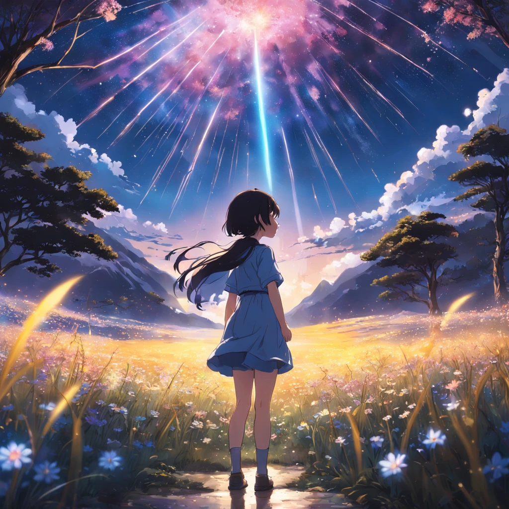 Makoto Shinkai, Expansive landscape photograph , (View from below,Displays the sky above and the clearing below), a girl standing on flower field looking up, (full moon:1.2), ( meteors:0.9), (Starcloud:1.3), Far Mountain, Tree BREAK Production Art, (Warm light source:1.2), (Firefly:1.2), lamp lights, Lots of purple and blue, Intricate details, Volumetric lighting BREAK (Masterpiece:1.2), (Best quality), 4K, Ultra-detailed, (Dynamic composition:1.4), Highly detailed, Colorful details,( Iridescent colors:1.2), (luminouslighting, Atmospheric lighting), Dreamy, magical, (Solo:1.2)
