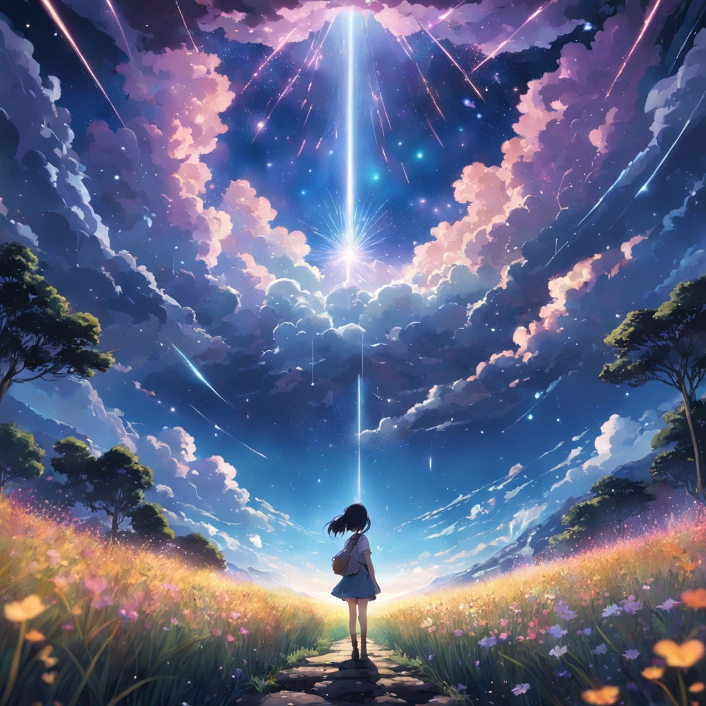 Makoto Shinkai, Expansive landscape photograph , (View from below,Displays the sky above and the clearing below), a girl standing on flower field looking up, (full moon:1.2), ( meteors:0.9), (Starcloud:1.3), Far Mountain, Tree BREAK Production Art, (Warm light source:1.2), (Firefly:1.2), lamp lights, Lots of purple and blue, Intricate details, Volumetric lighting BREAK (Masterpiece:1.2), (Best quality), 4K, Ultra-detailed, (Dynamic composition:1.4), Highly detailed, Colorful details,( Iridescent colors:1.2), (luminouslighting, Atmospheric lighting), Dreamy, magical, (Solo:1.2)