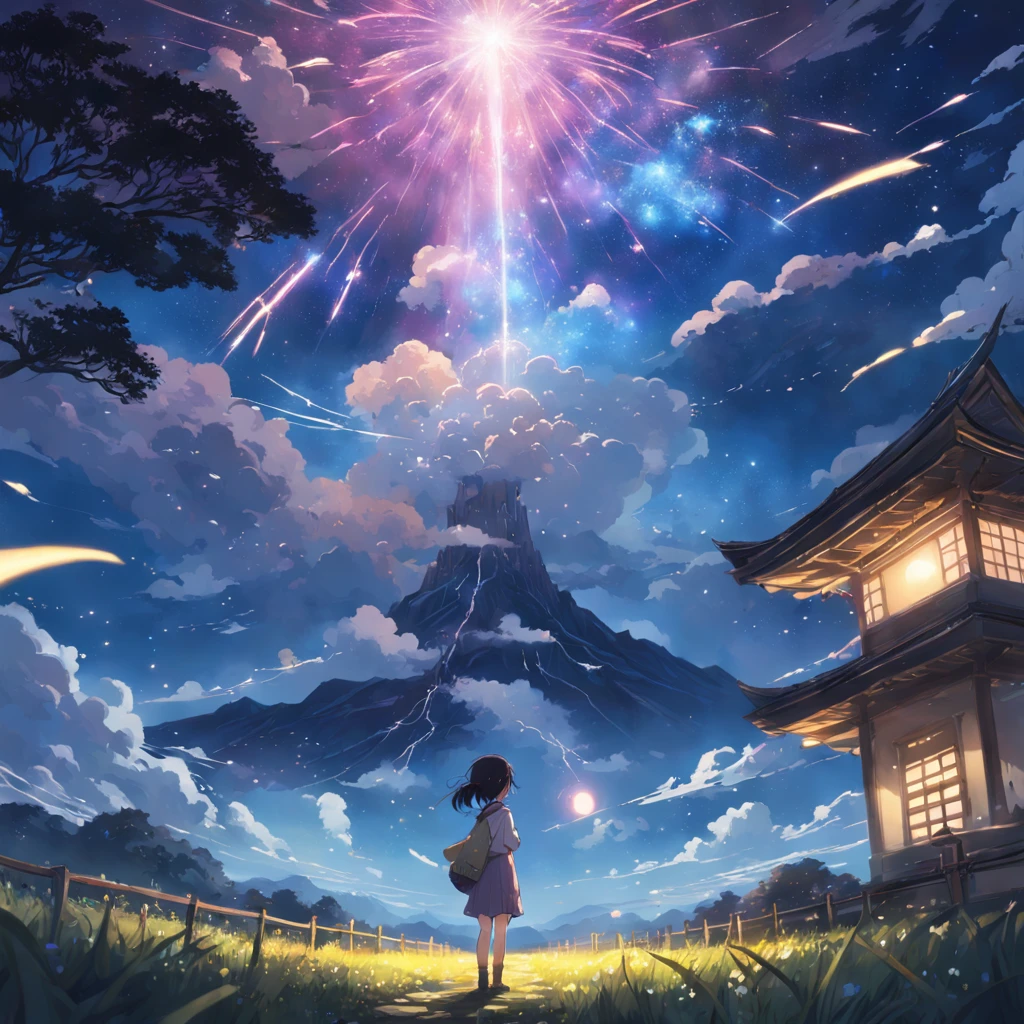 Makoto Shinkai, Expansive landscape photograph , (View from below，Displays the sky above and the clearing below), a girl standing on flower field looking up, (full moon:1.2), ( meteors:0.9), (Starcloud:1.3), Far Mountain, Tree BREAK Production Art, (Warm light source:1.2), (Firefly:1.2), lamp lights, Lots of purple and blue, Intricate details, Volumetric lighting BREAK (Masterpiece:1.2), (Best quality), 4K, Ultra-detailed, (Dynamic composition:1.4), Highly detailed, Colorful details,( Iridescent colors:1.2), (luminouslighting, Atmospheric lighting), Dreamy, magical, (Solo:1.2)