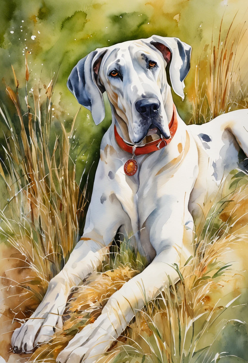 Great Dane lounging in the sun on a grassy hillside in the Italian countryside, Its fur shines in the light.