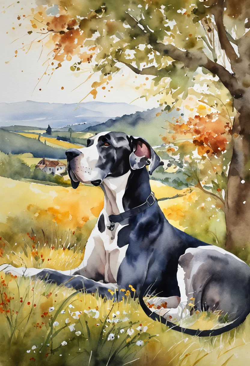 Great Dane lounging in the sun on a grassy hillside in the Italian countryside, Its fur shines in the light.