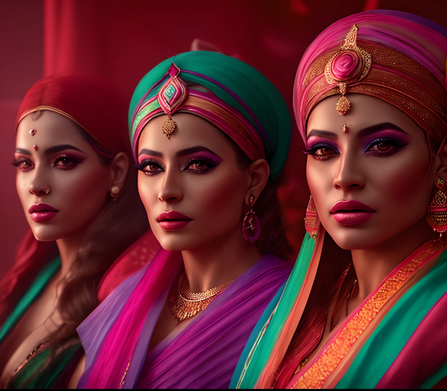 Three women in colorful clothes stand in a line, stunning digital illustration, Indian Empress, mulher da beleza com rostos detalhados, middle eastern skin, rainhas marroquinas ny, !5 three eyed goddesses, foto de retrato, cinematic goddess close shot, de princesa indiana, cinematic goddess shot, rostos femininos realistas, mulheres bonitas, rendering of beauty pageant, bela arte digital, 8k portrait render