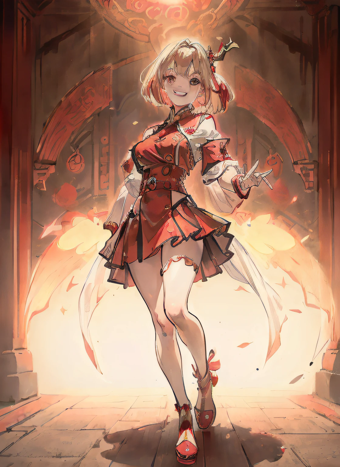 ((facing front:1.5)),( full body Esbian:1.5),Idle Pose,Beautiful and cute girl with dazzling smile, 1girl in, Solo, Bob Hare,Red hair ornament, platinum-blonde,red eyes, Beautiful detailed eyes, Looking at Viewer、A big smile, Portrait,Red Idol Costume, corsets,tits out, Backlight,stage