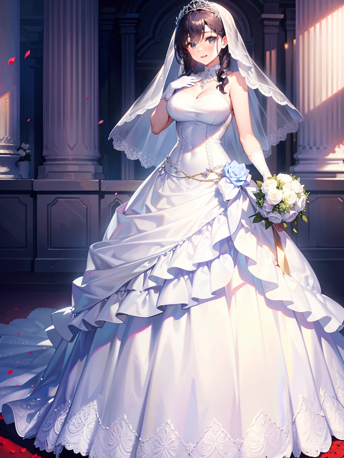 ,wedding gown,Bride,marriage,Beautifully dressed,Shiny clothes,Lace on clothes,Clothes lace,Large skirt,Lace trim,stand posture,facing the front there,Flowers in hand,ssmile,light yarn,full bodyesbian,cleanness